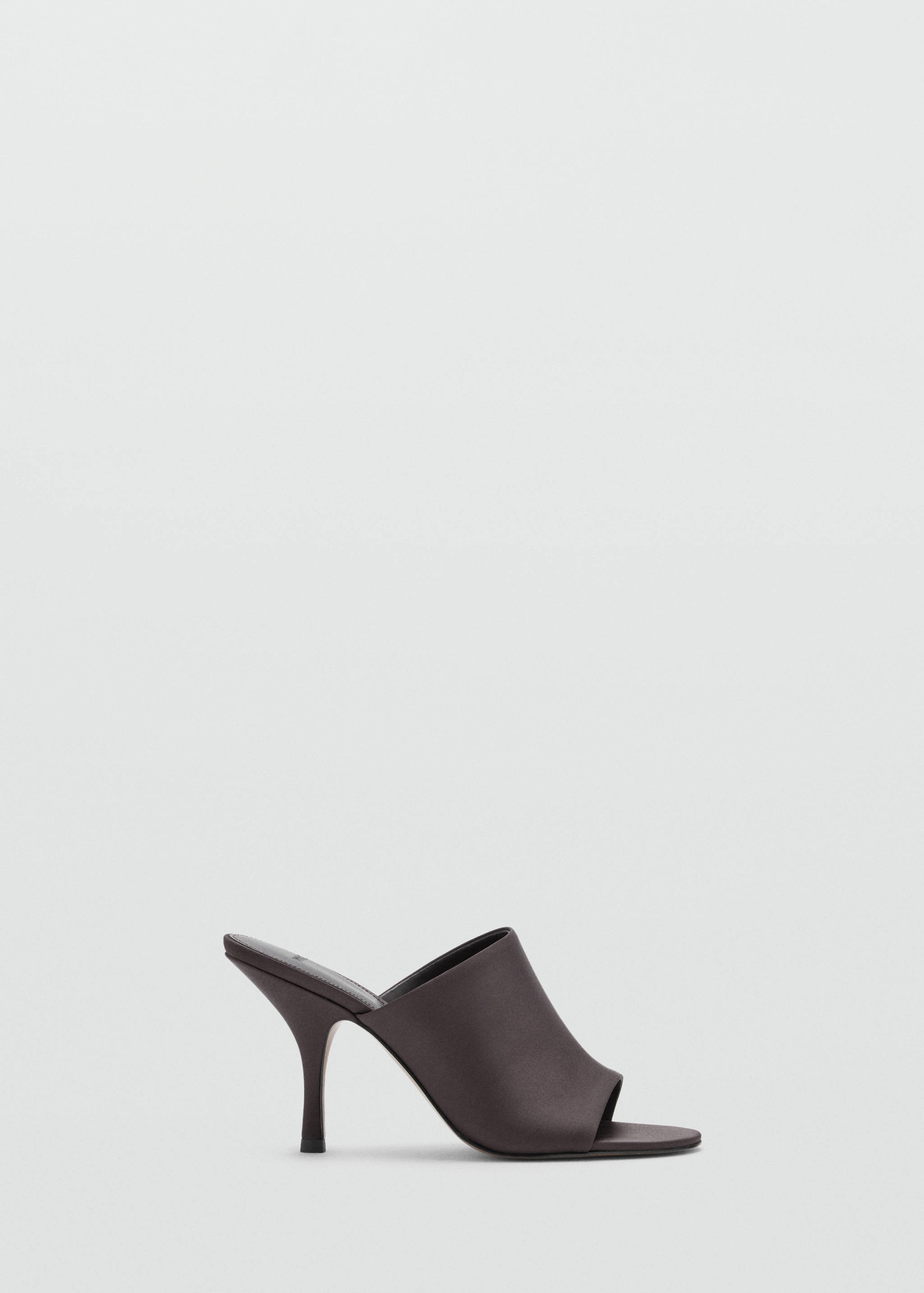 Dark brown satin-finish high-heeled sandal with an open toe and stiletto heel.