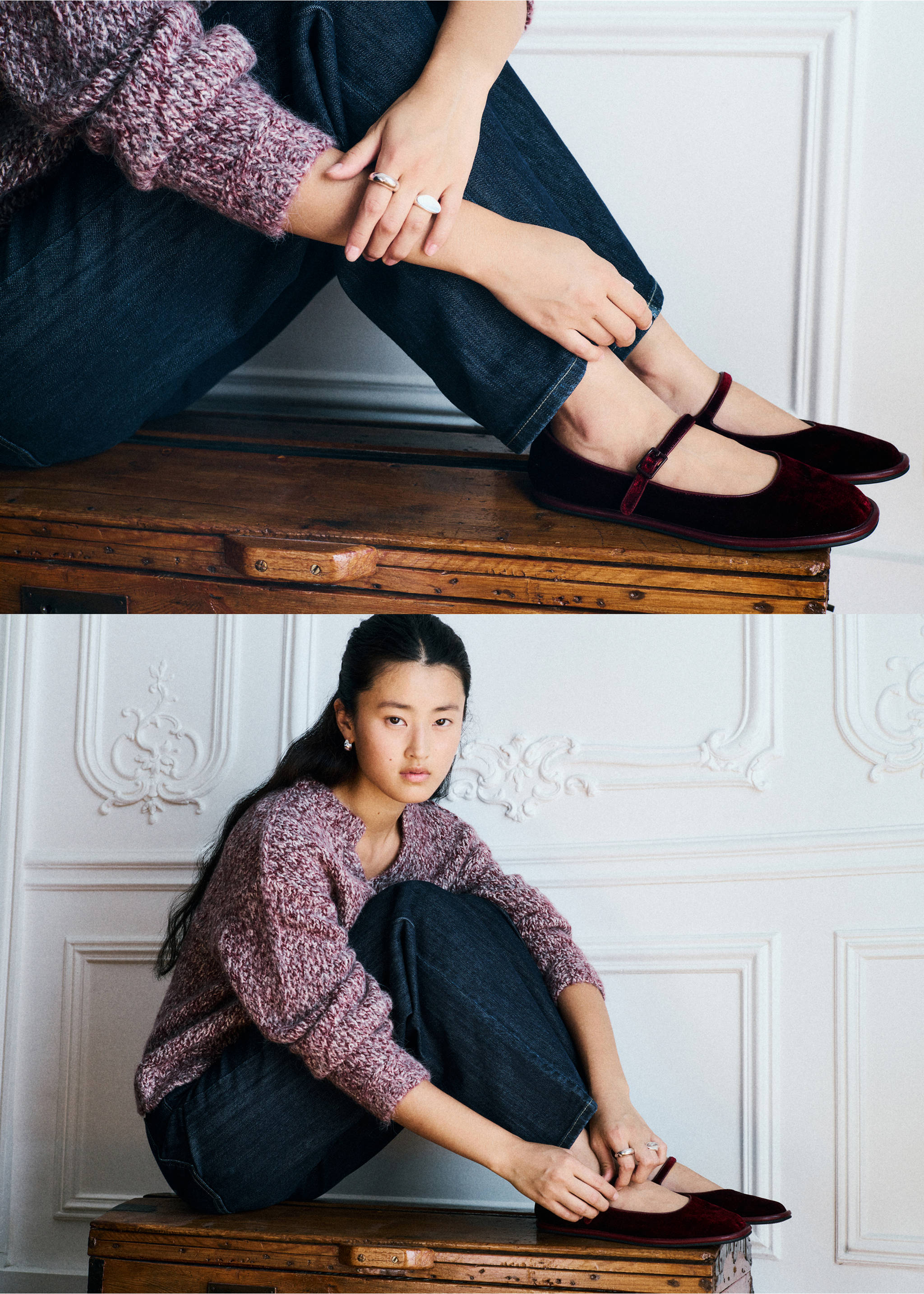 Velvet ballerina pump with buckle - Details of the article 9, Burgundy. Ref: 37057797-00.