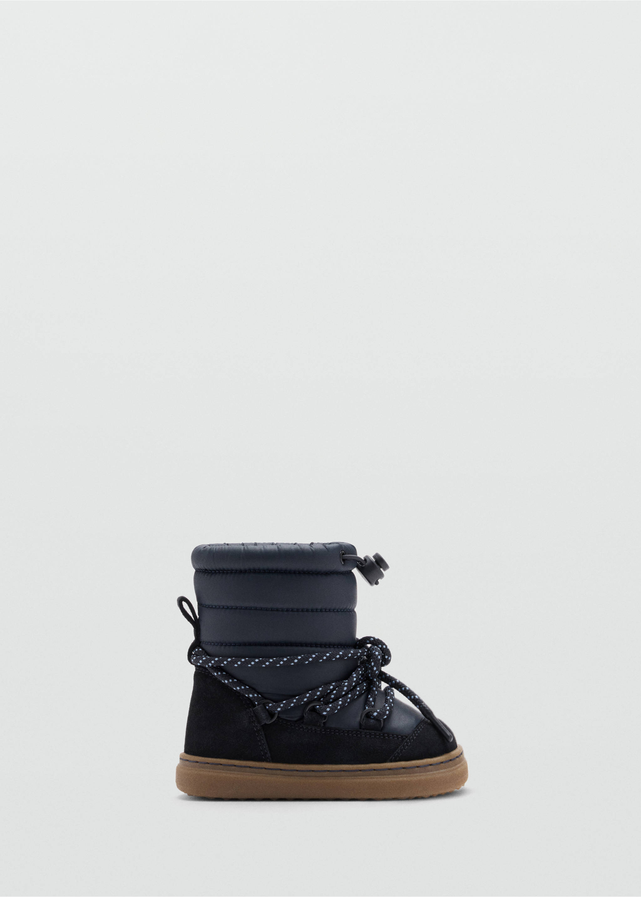 Dark navy blue kids' quilted winter boot with patterned laces and a brown sole., Blue. Ref: 37057798-00.