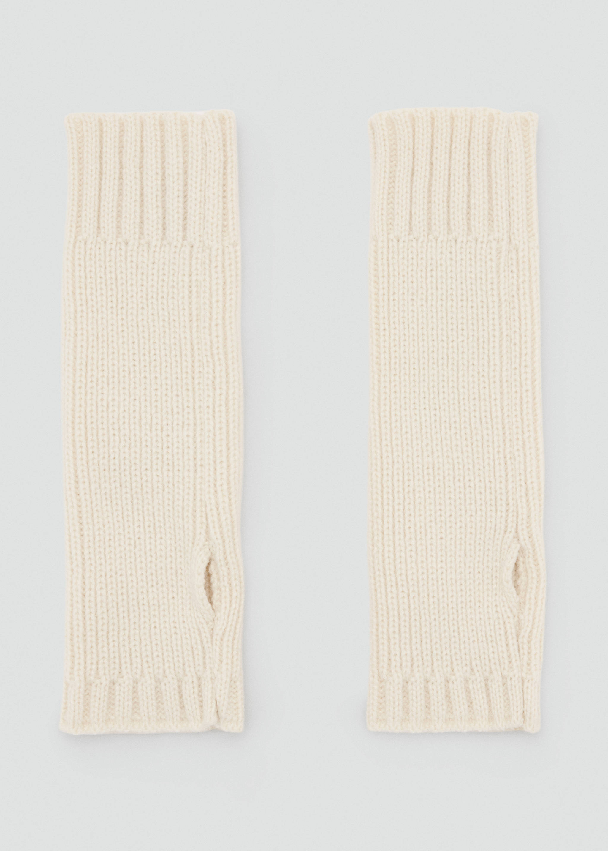 Off-white ribbed knit fingerless gloves displayed flat.