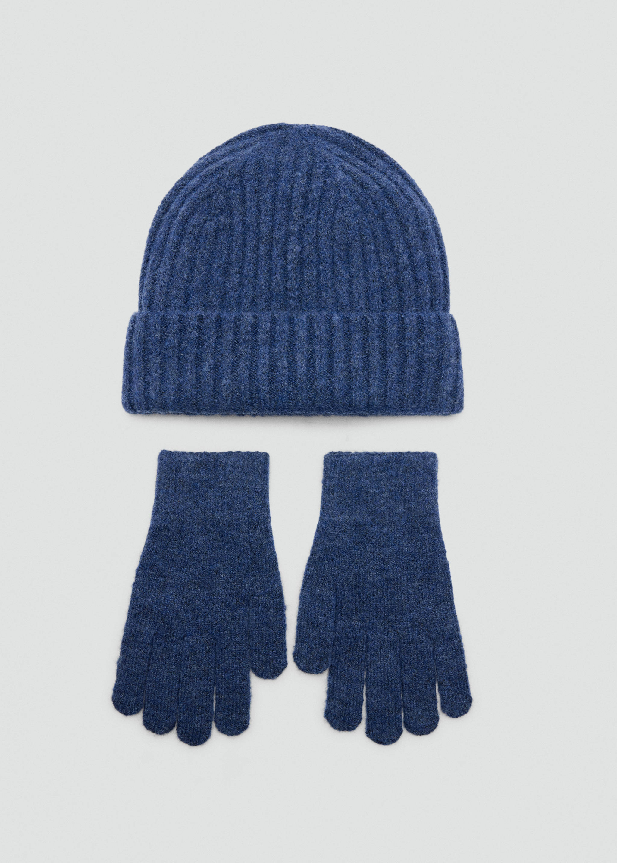 Dark blue knitted gloves with a matching ribbed beanie.