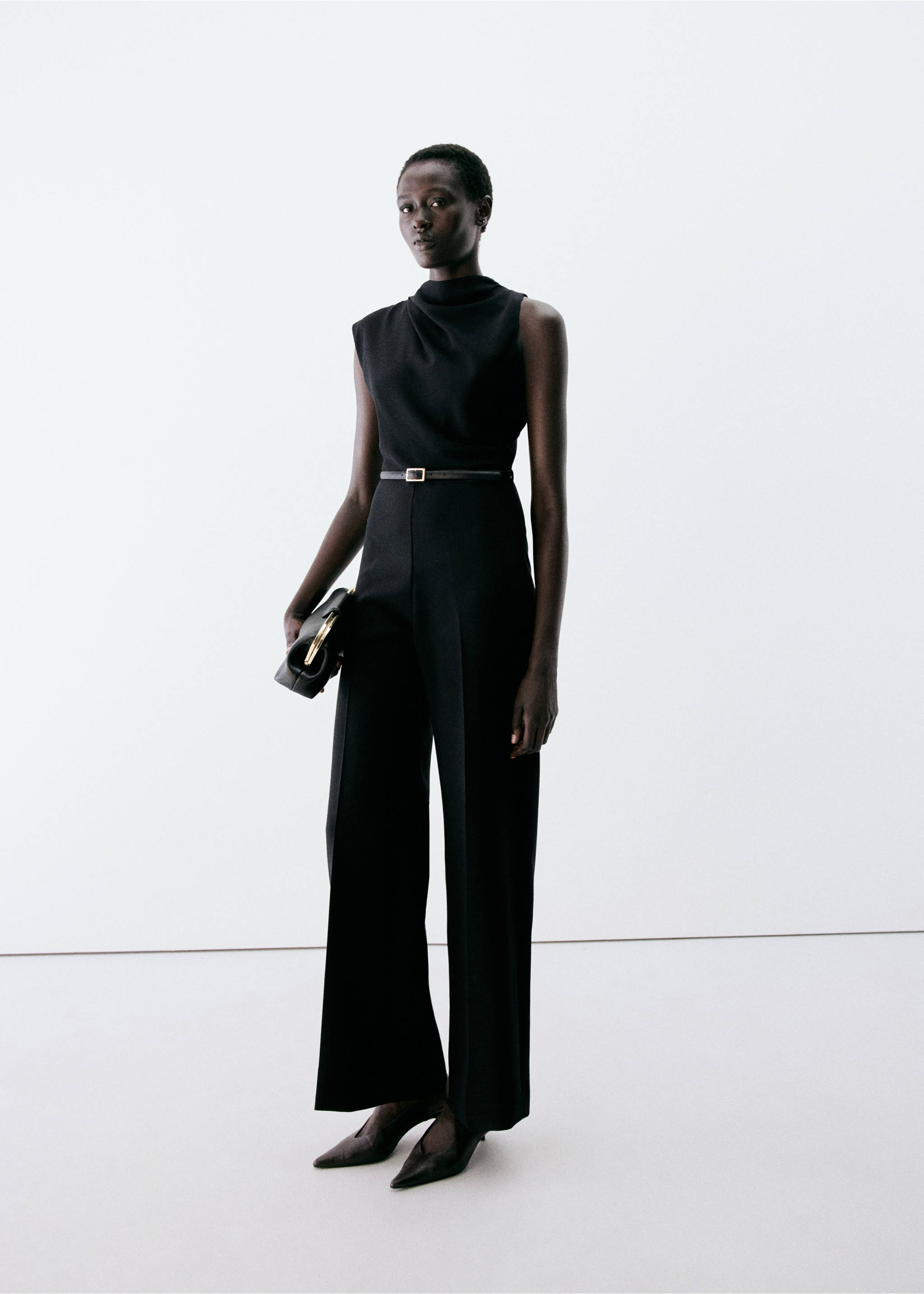 Black sleeveless jumpsuit with a draped cowl neck and wide legs., Black. Ref: 37057806-00.