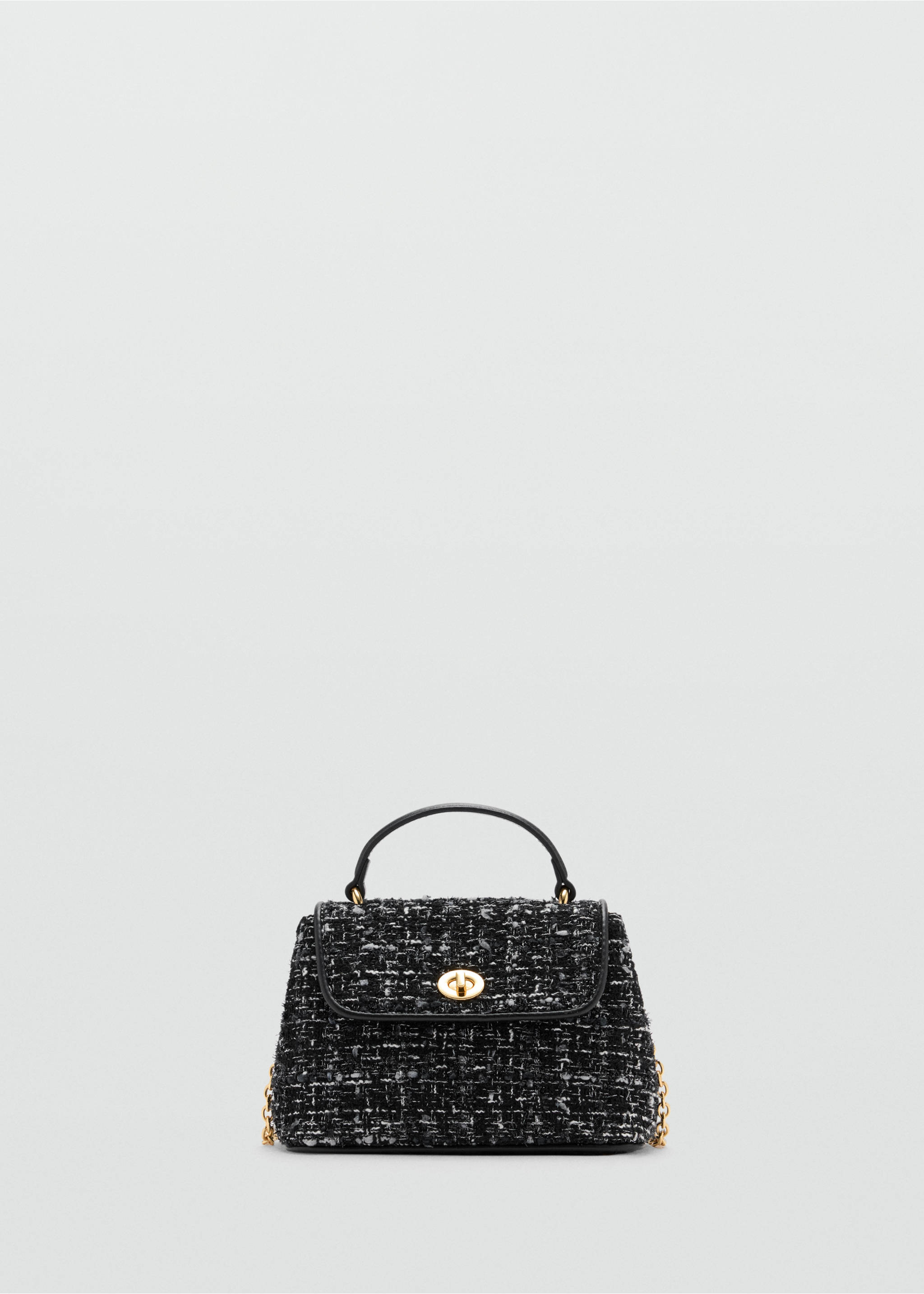 Bolso de mano de tweed en blanco y negro con cierre de giro dorado y asa superior., Negro. Ref: 37057807-00.