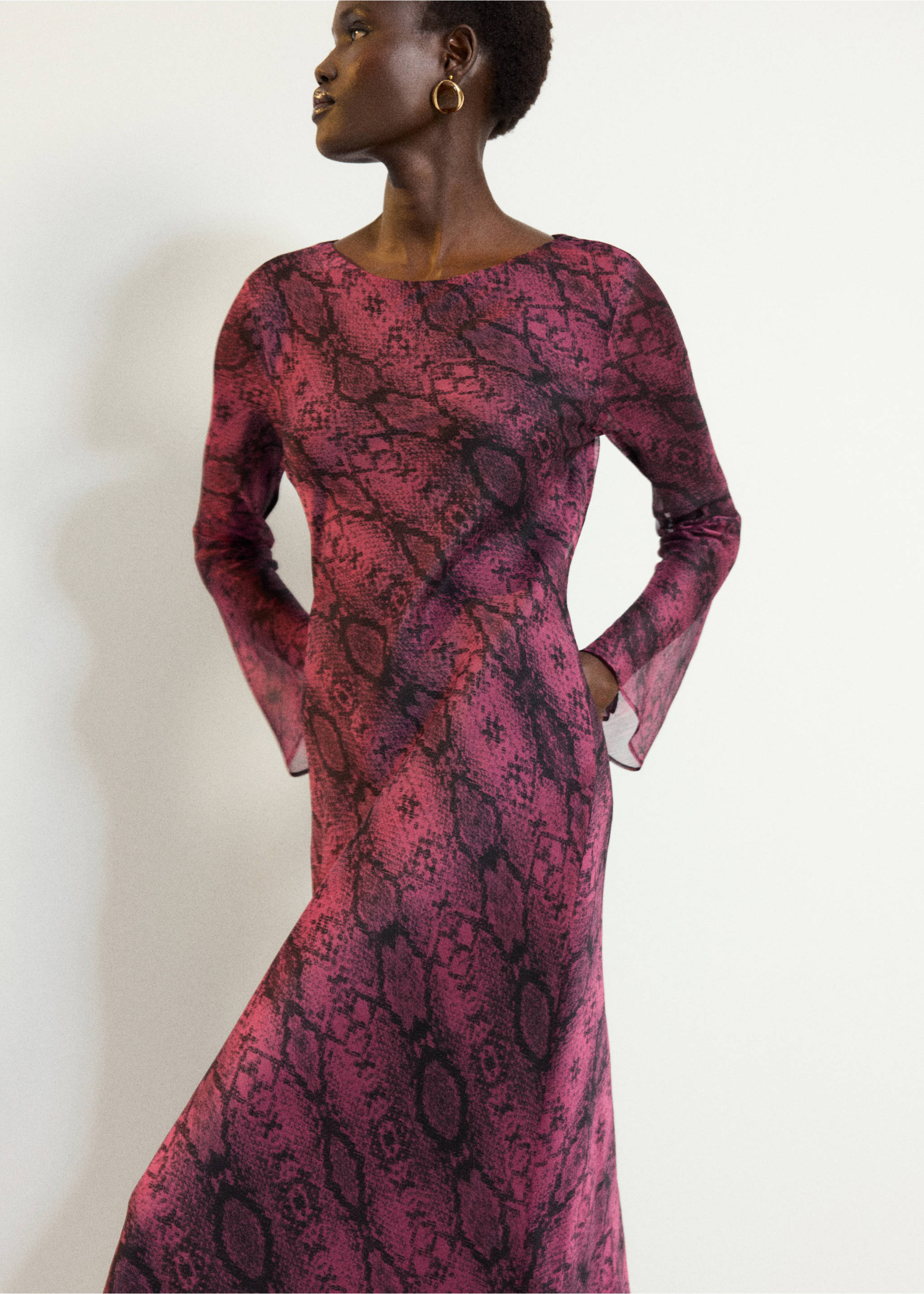 Animal print dress with flared sleeves - Medium plane, Pink. Ref: 37057811-00.