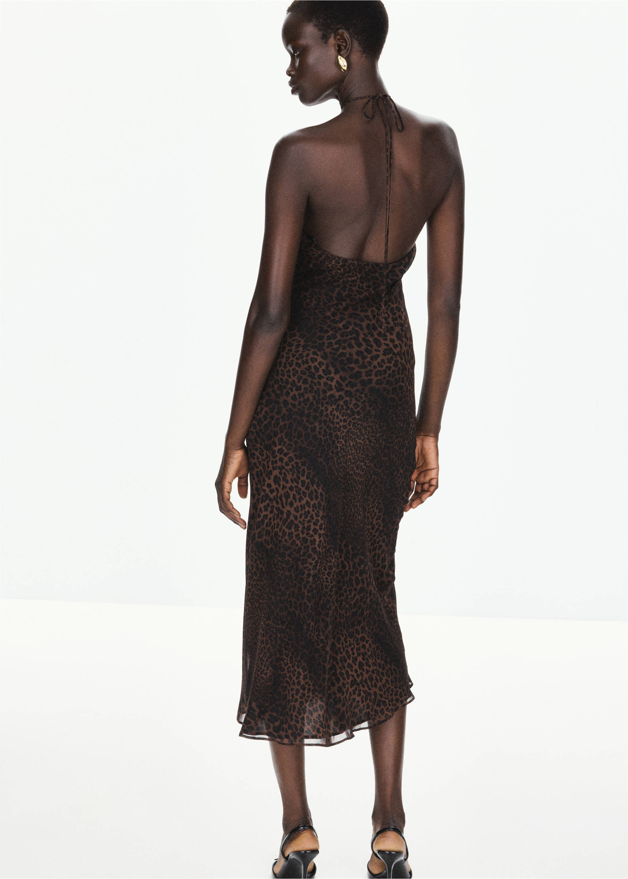 Brown leopard-print halter midi dress, back view., Black. Ref: 37057812-00.
