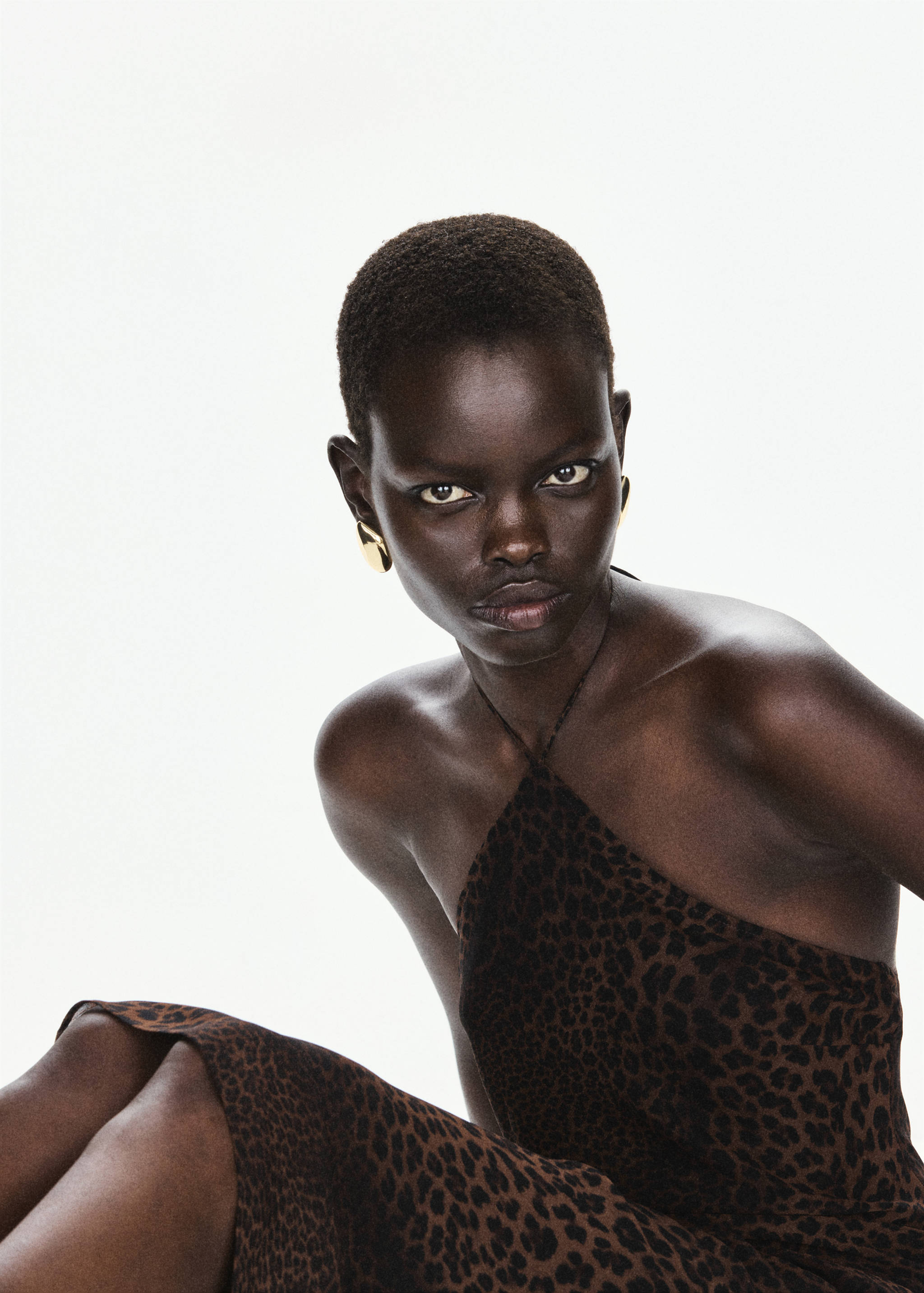 Brown leopard-print halterneck dress with a fitted bodice.