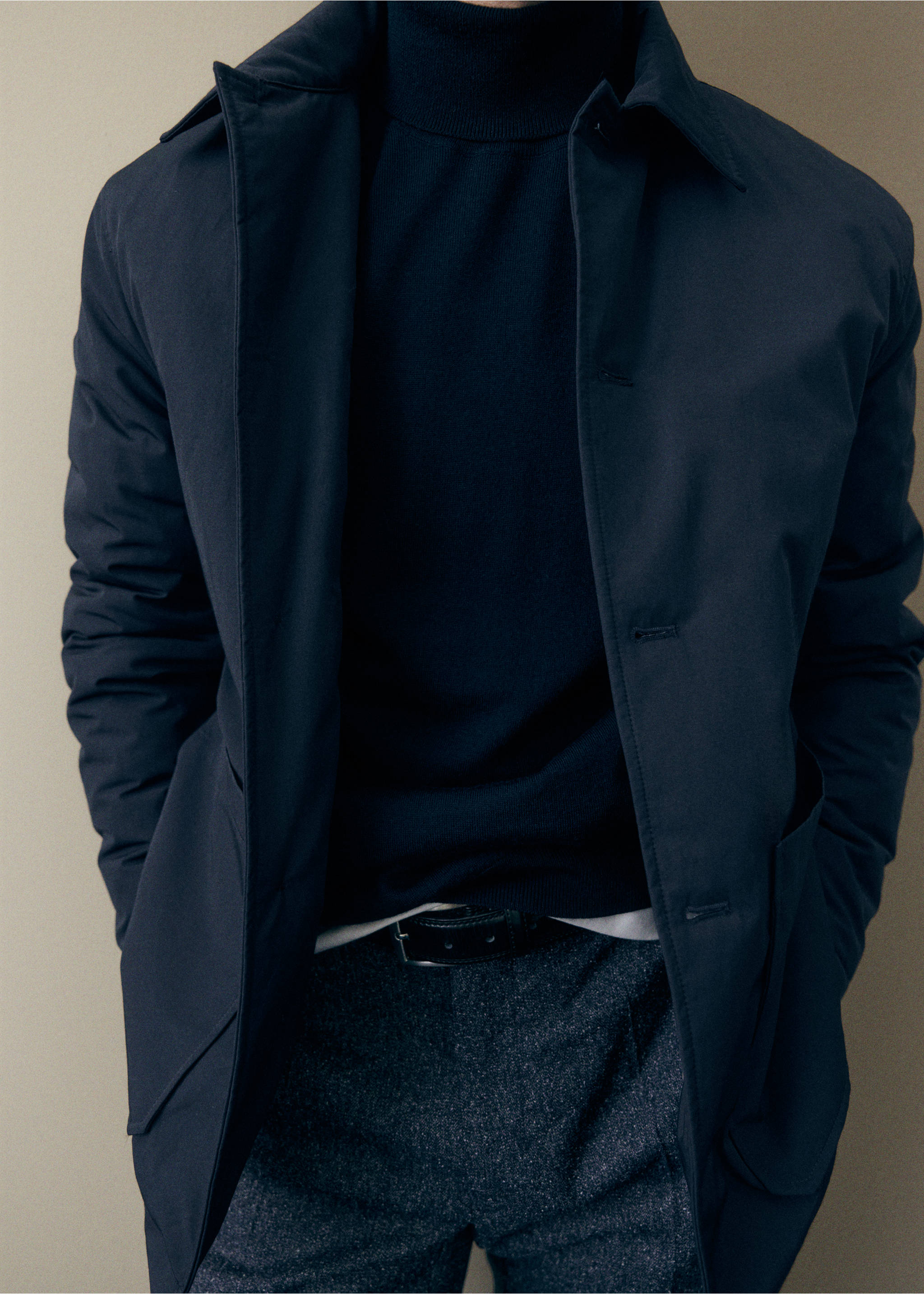 Dark navy blue jacket with collar and patch pockets worn over a turtleneck., Night Blue. Ref: 37057882-00.
