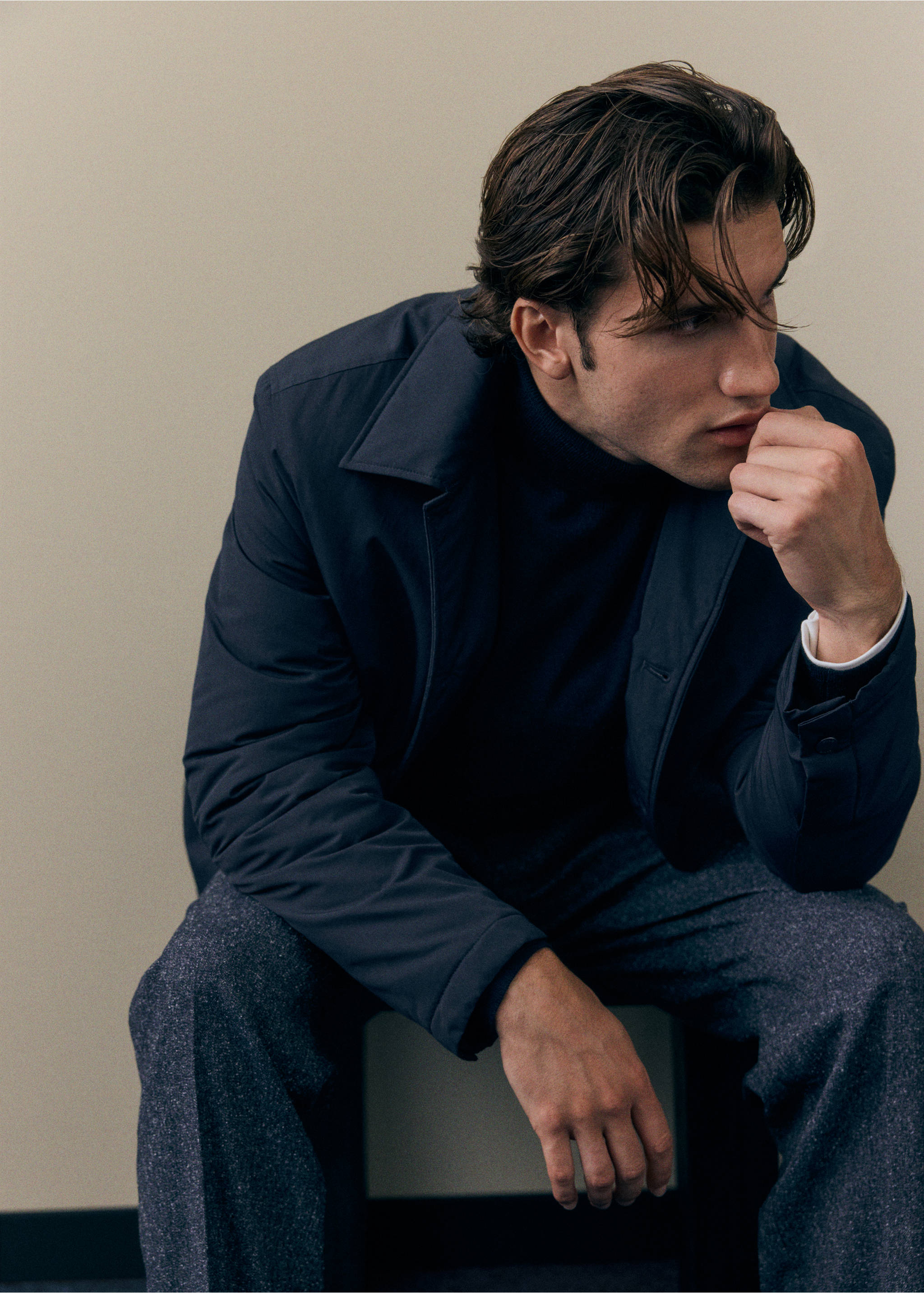 Dark navy blue jacket with a classic collar worn with a matching turtleneck., Night Blue. Ref: 37057882-00.