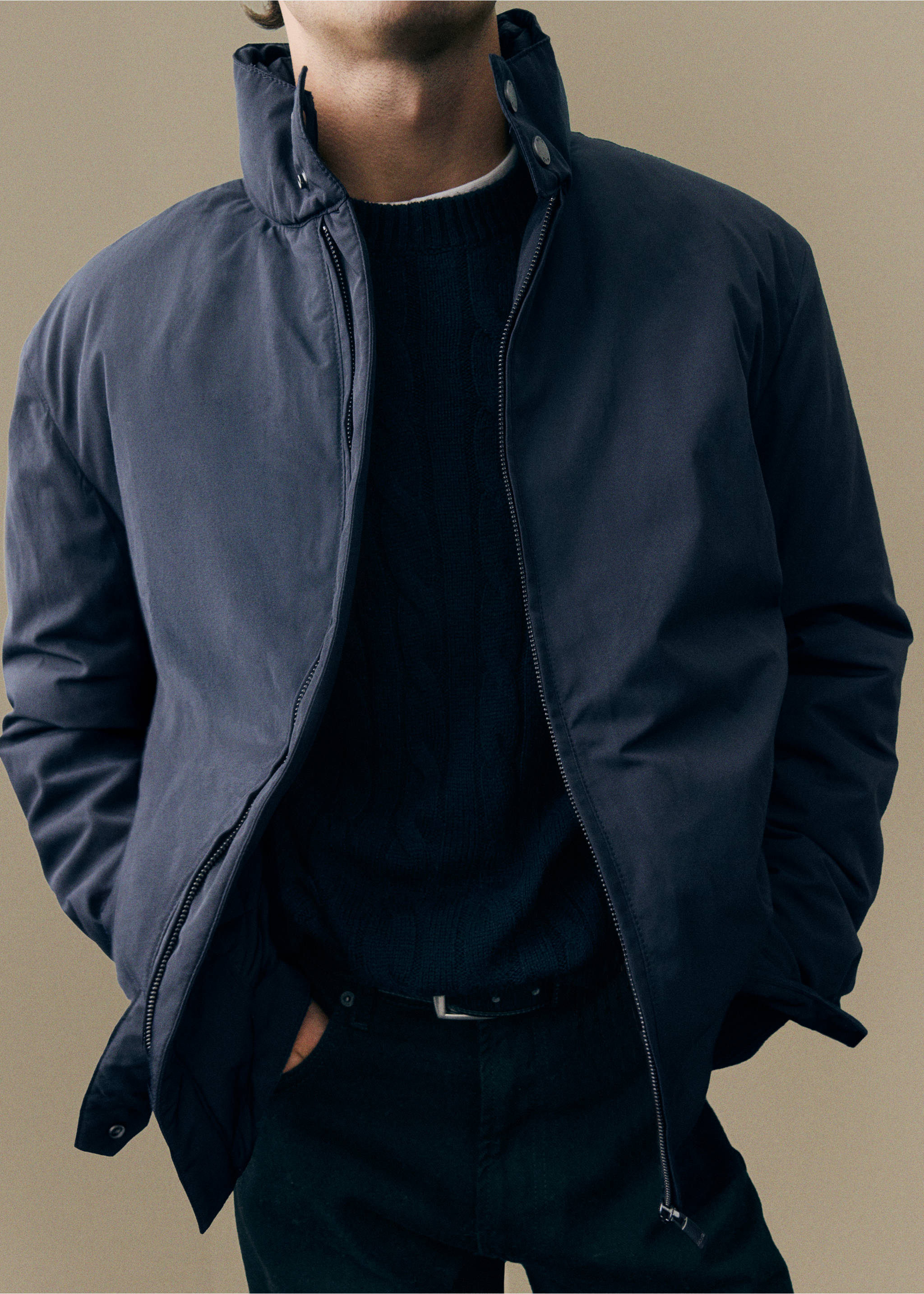Navy blue jacket with a high collar and front zip., Night Blue. Ref: 37057884-00.