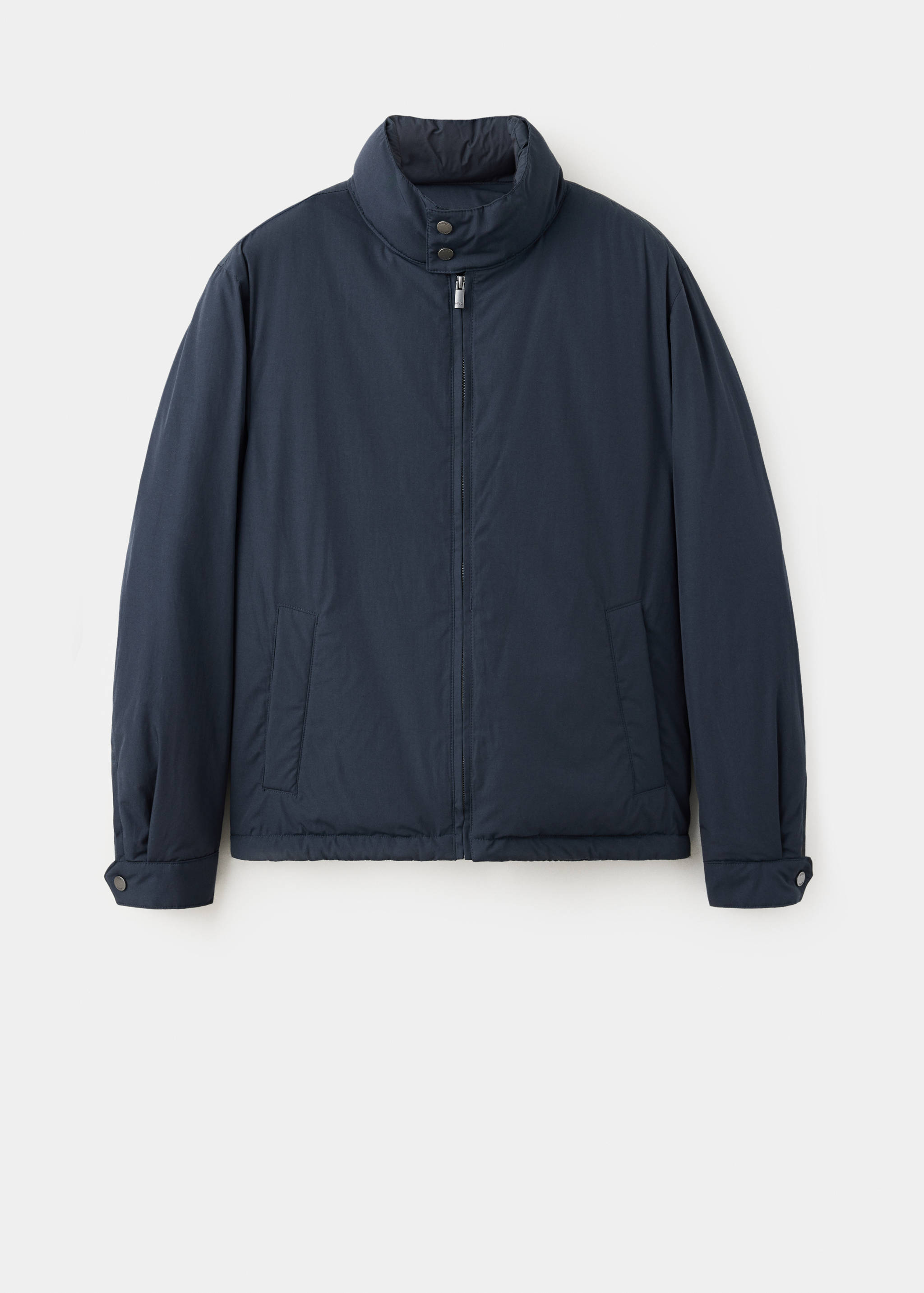 Dark navy blue men's jacket with a high collar and zip fastening.