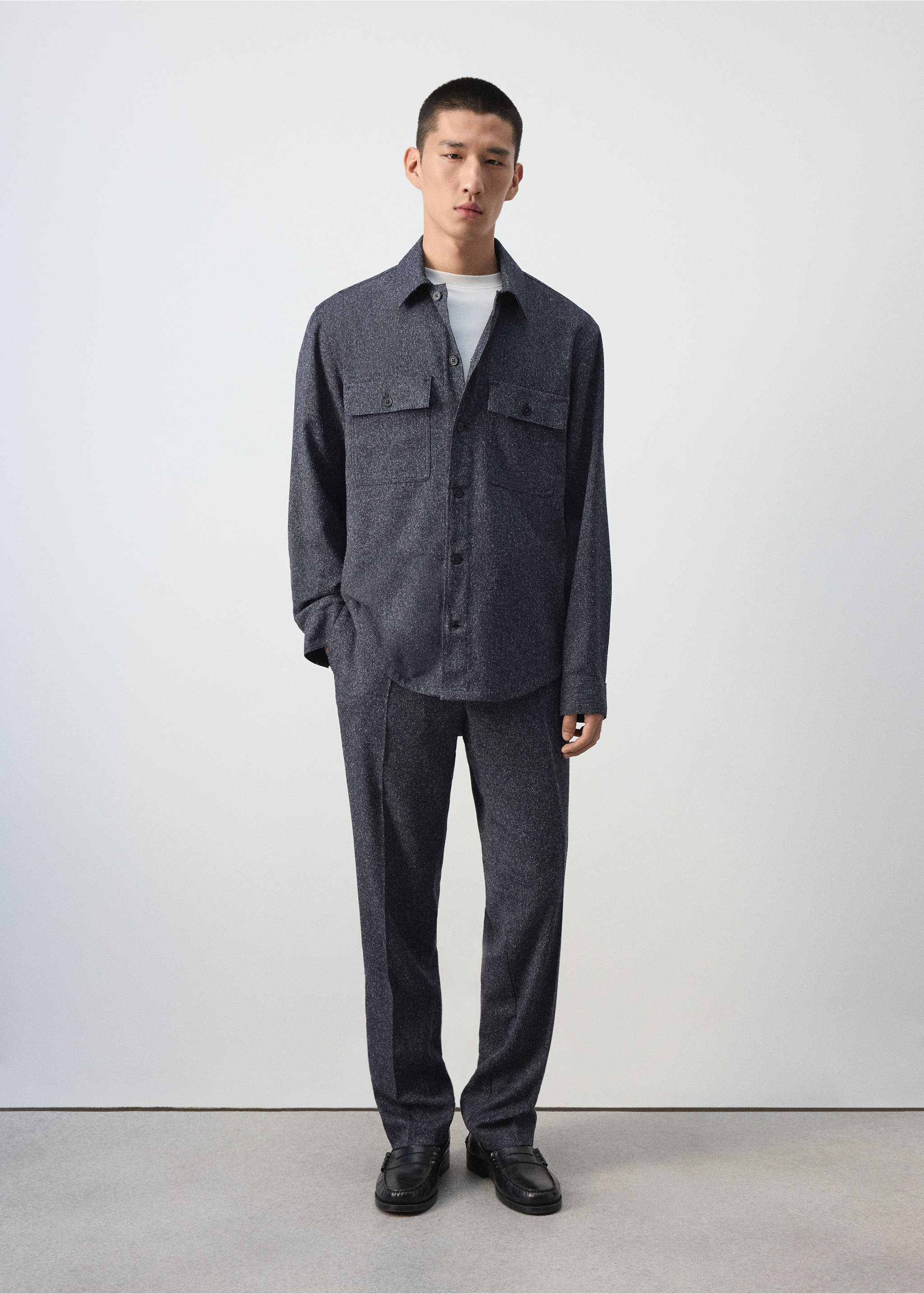 Dark grey textured overshirt with chest pockets worn as part of a matching set., Blue. Ref: 37057885-00.