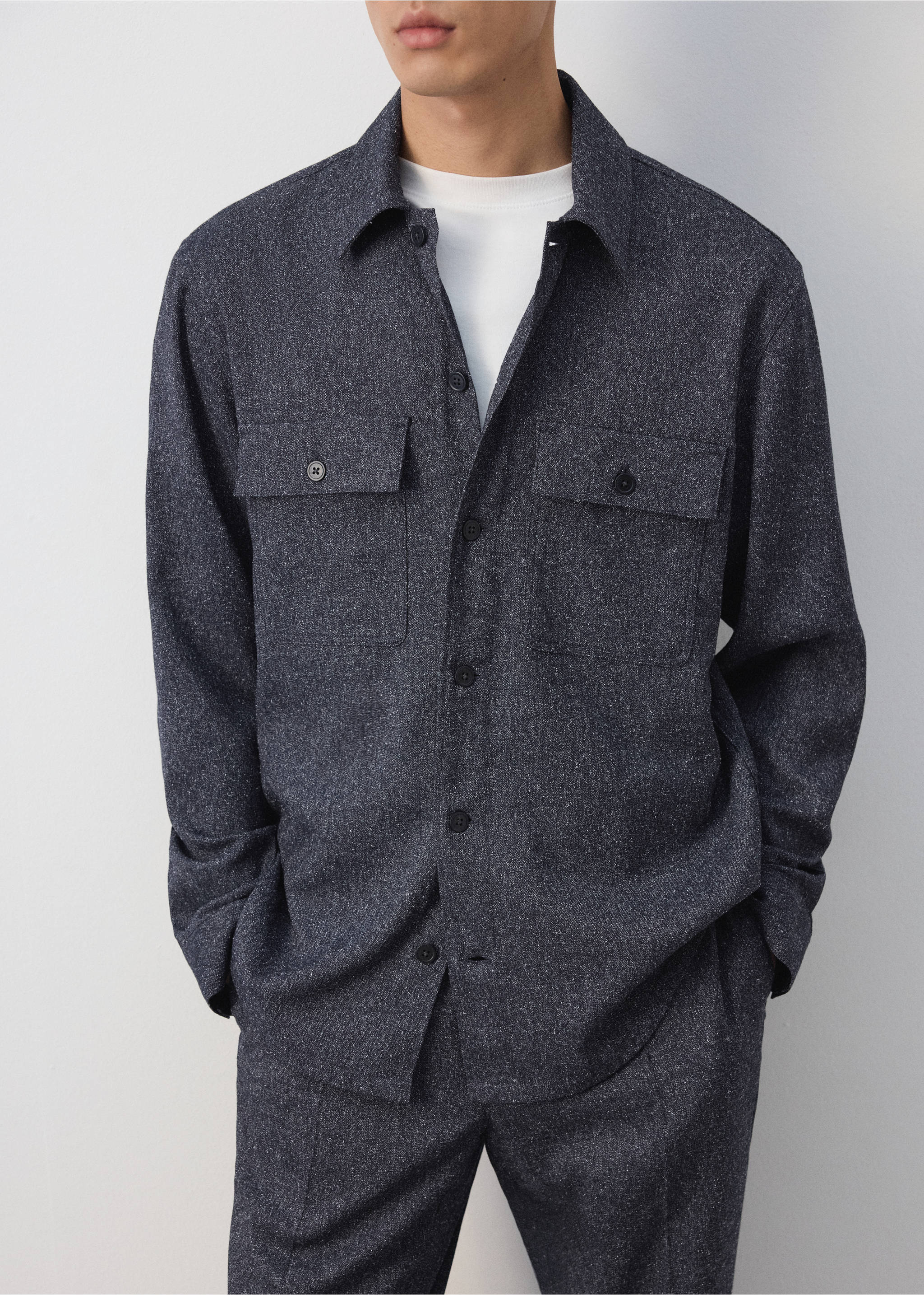 Dark grey melange overshirt with two buttoned chest pockets., Blue. Ref: 37057885-00.
