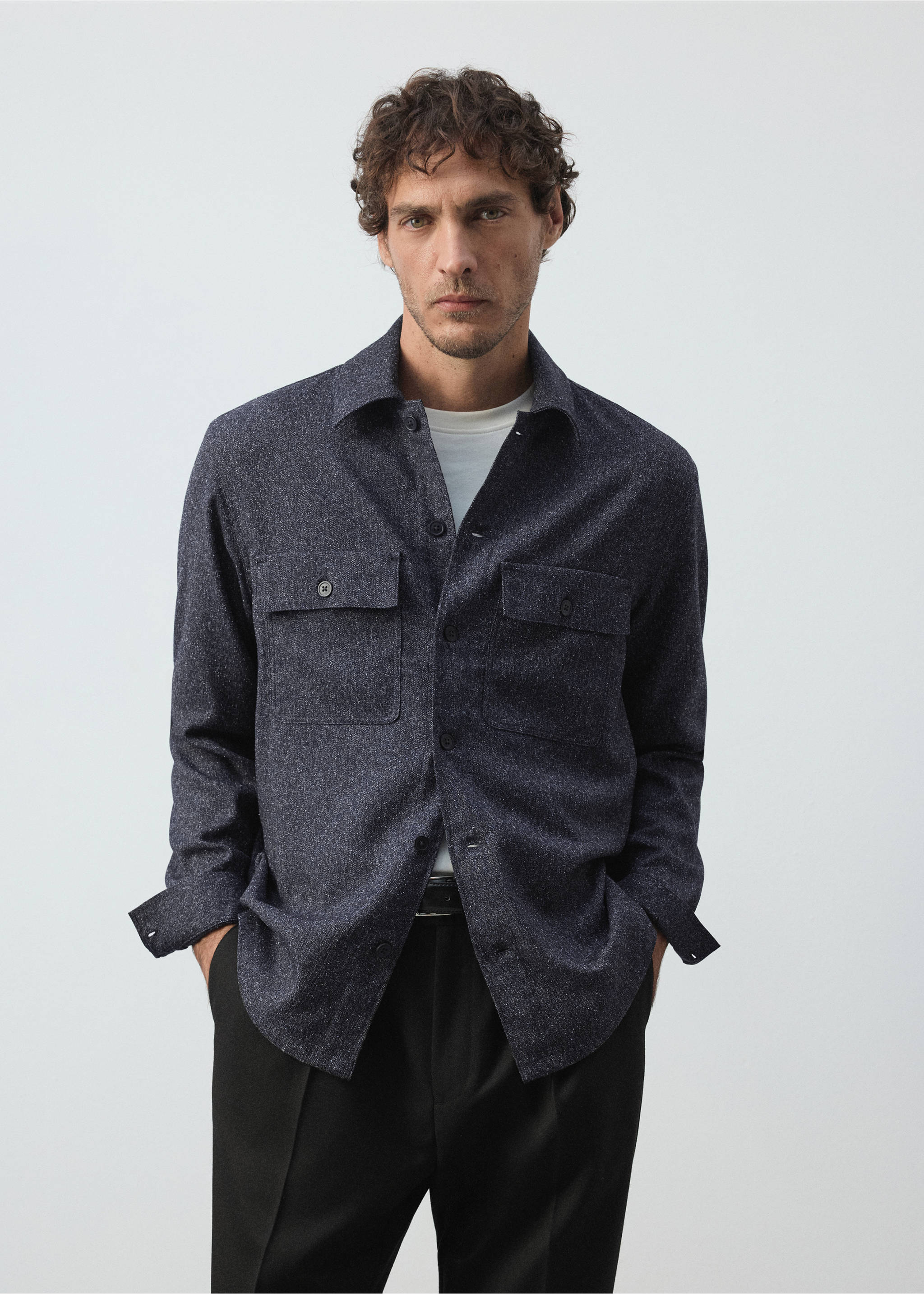 Navy blue textured overshirt with a classic collar and chest pockets., Blue. Ref: 37057885-01.