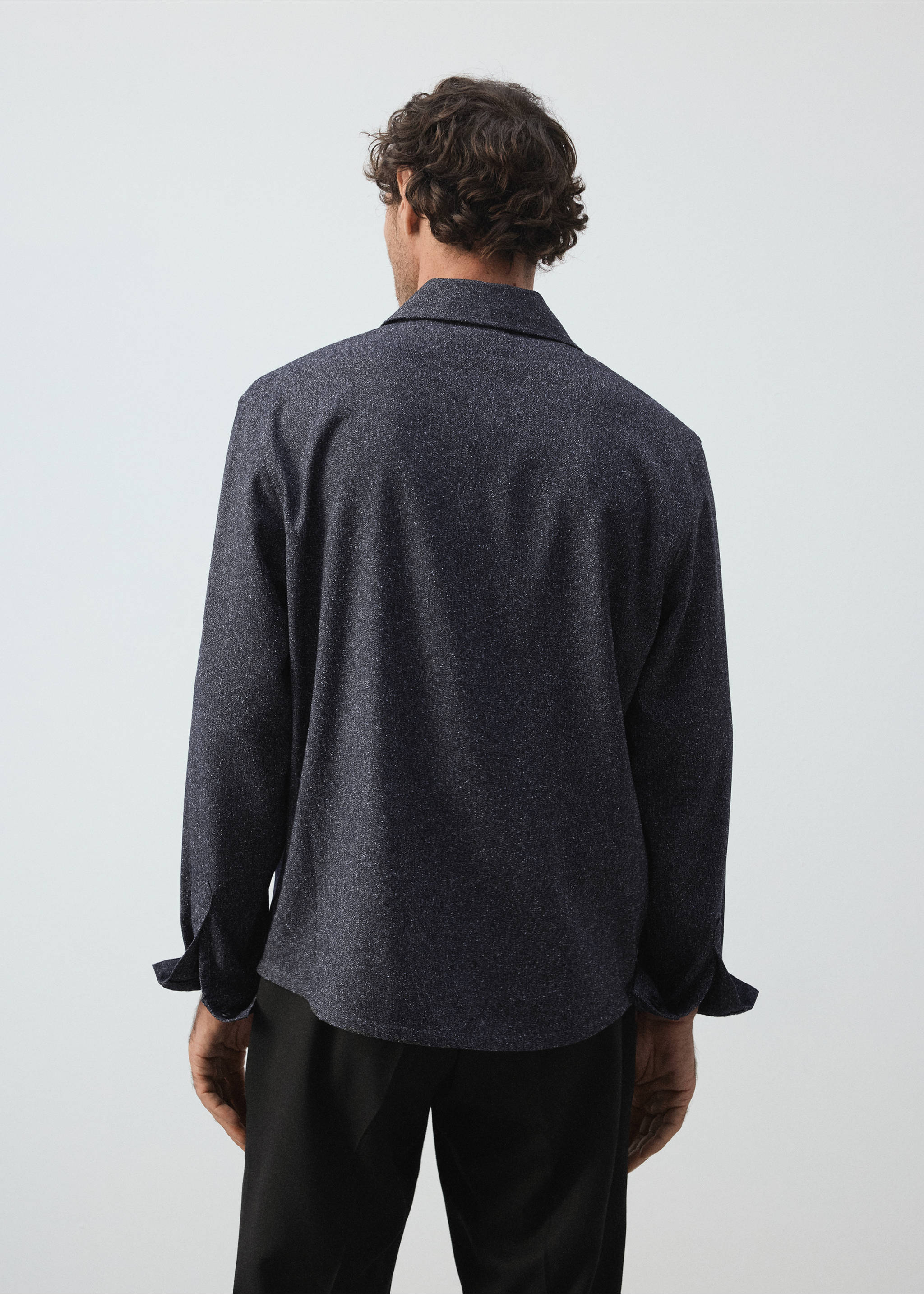 Dark grey melange overshirt shown from the back, featuring a classic collar and long sleeves., Blue. Ref: 37057885-01.
