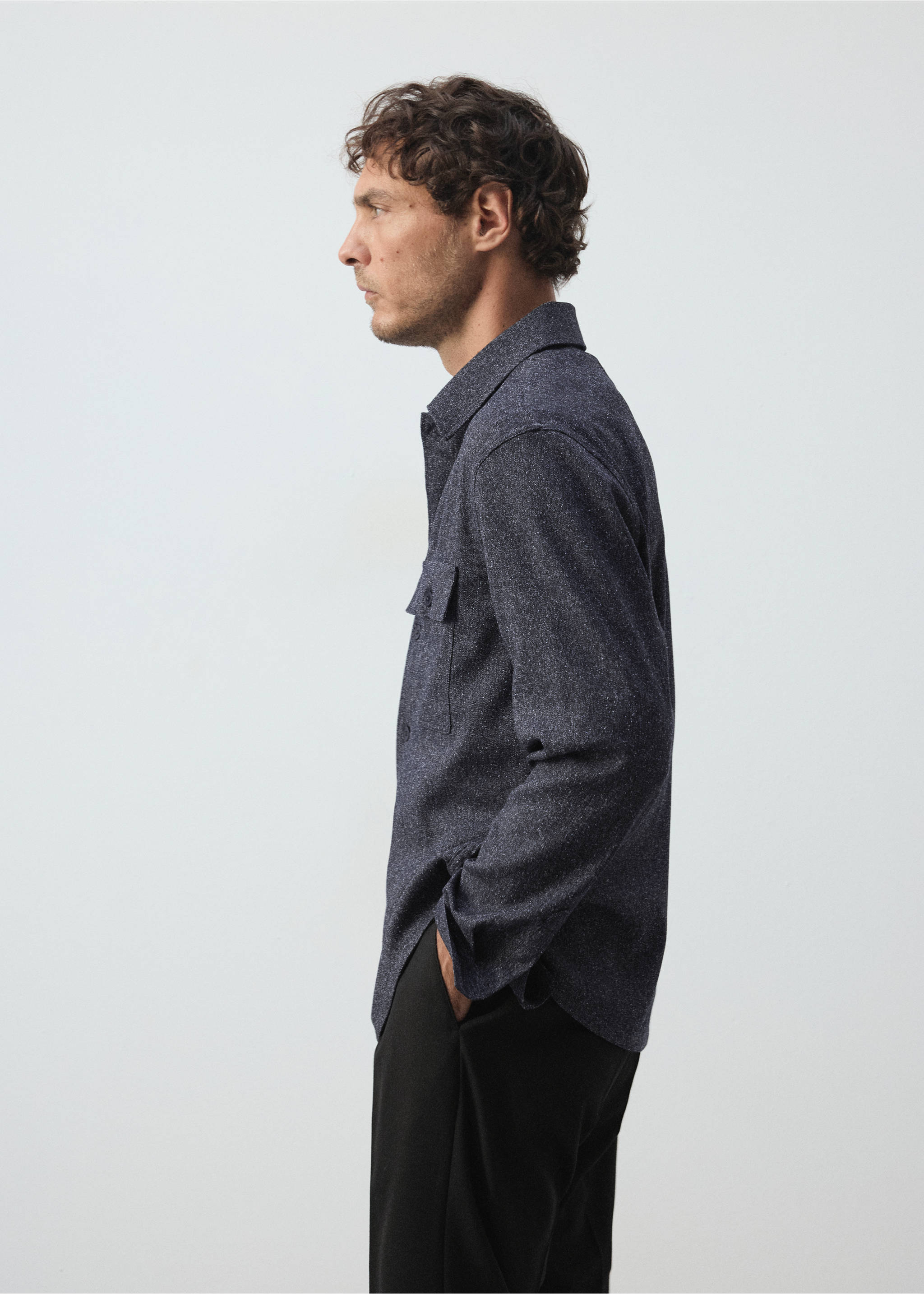Navy blue speckled overshirt with a classic collar and chest pockets., Blue. Ref: 37057885-01.