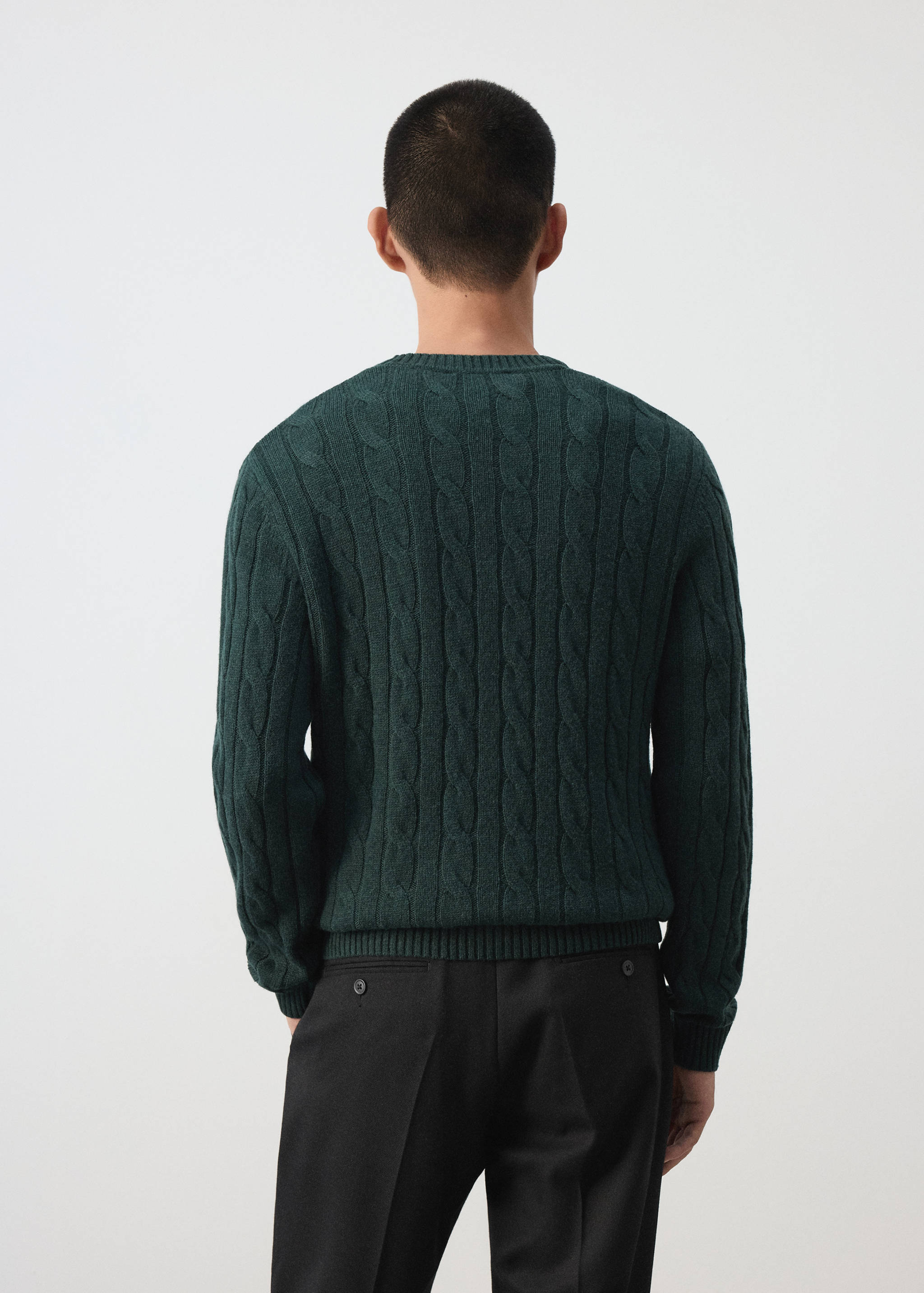 Back view of a dark green cable-knit jersey with a crew neck.