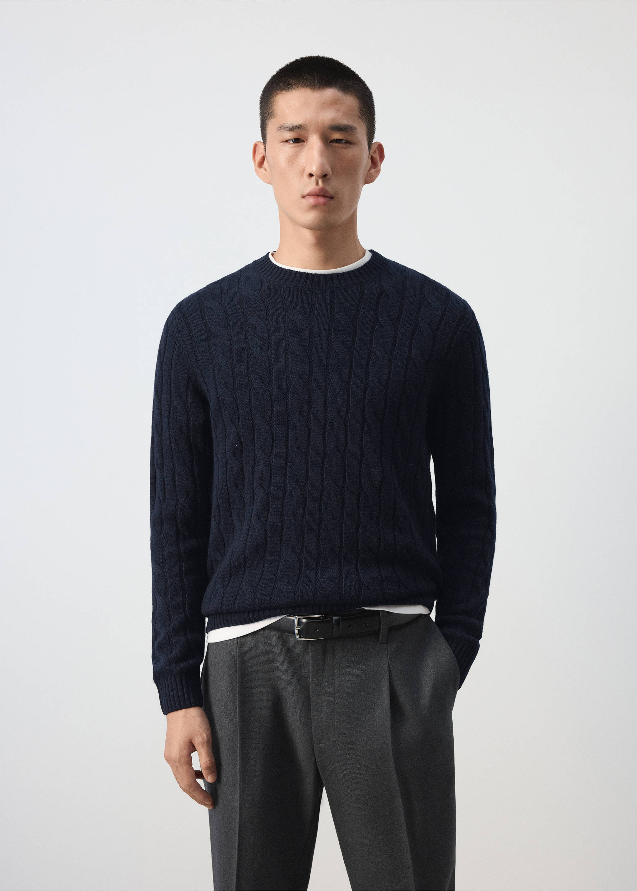 Navy blue cable-knit jumper with a ribbed crew neck., Navy. Ref: 37057886-00.