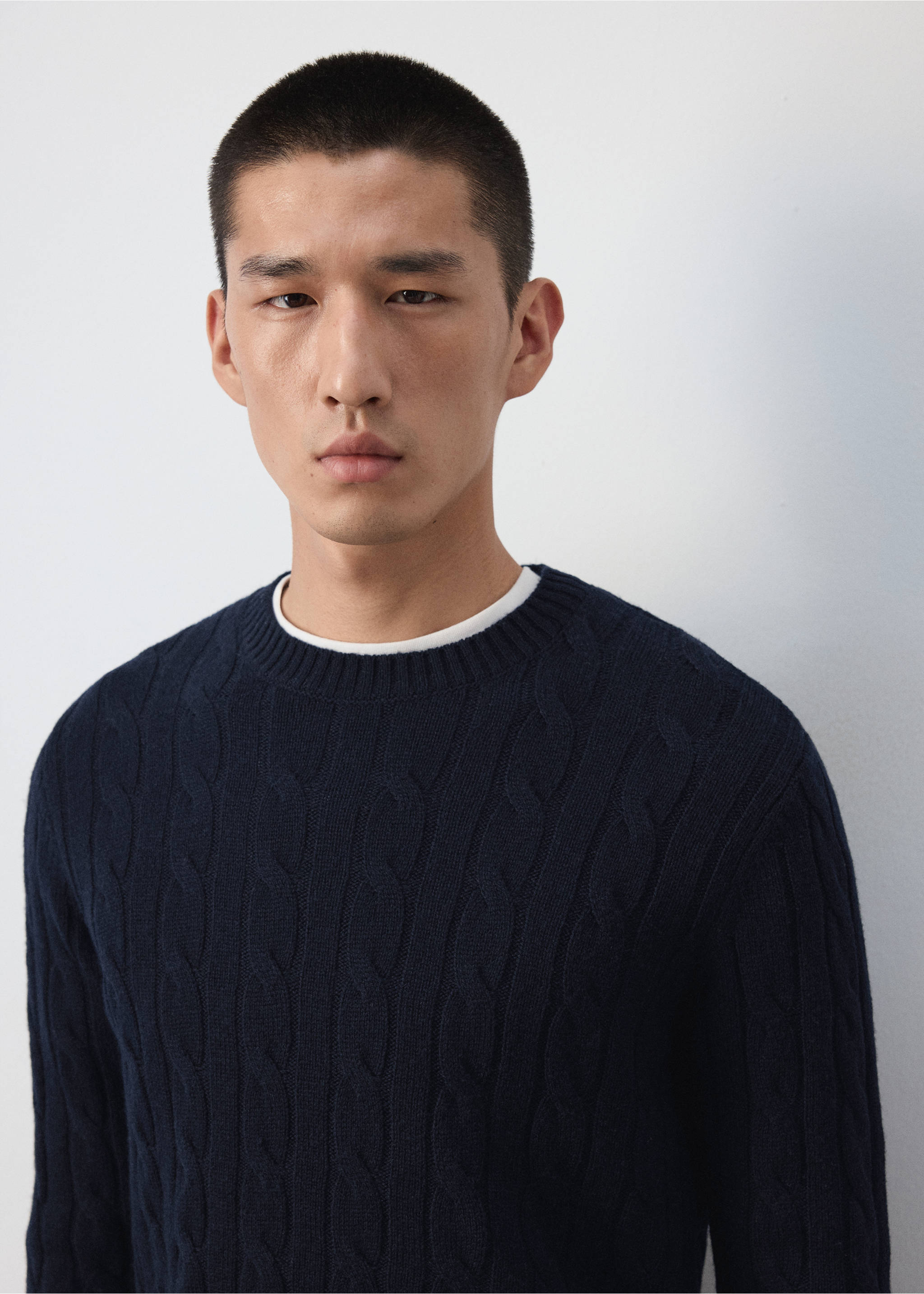 Navy blue cable-knit jumper with a ribbed crew neck., Navy. Ref: 37057886-00.