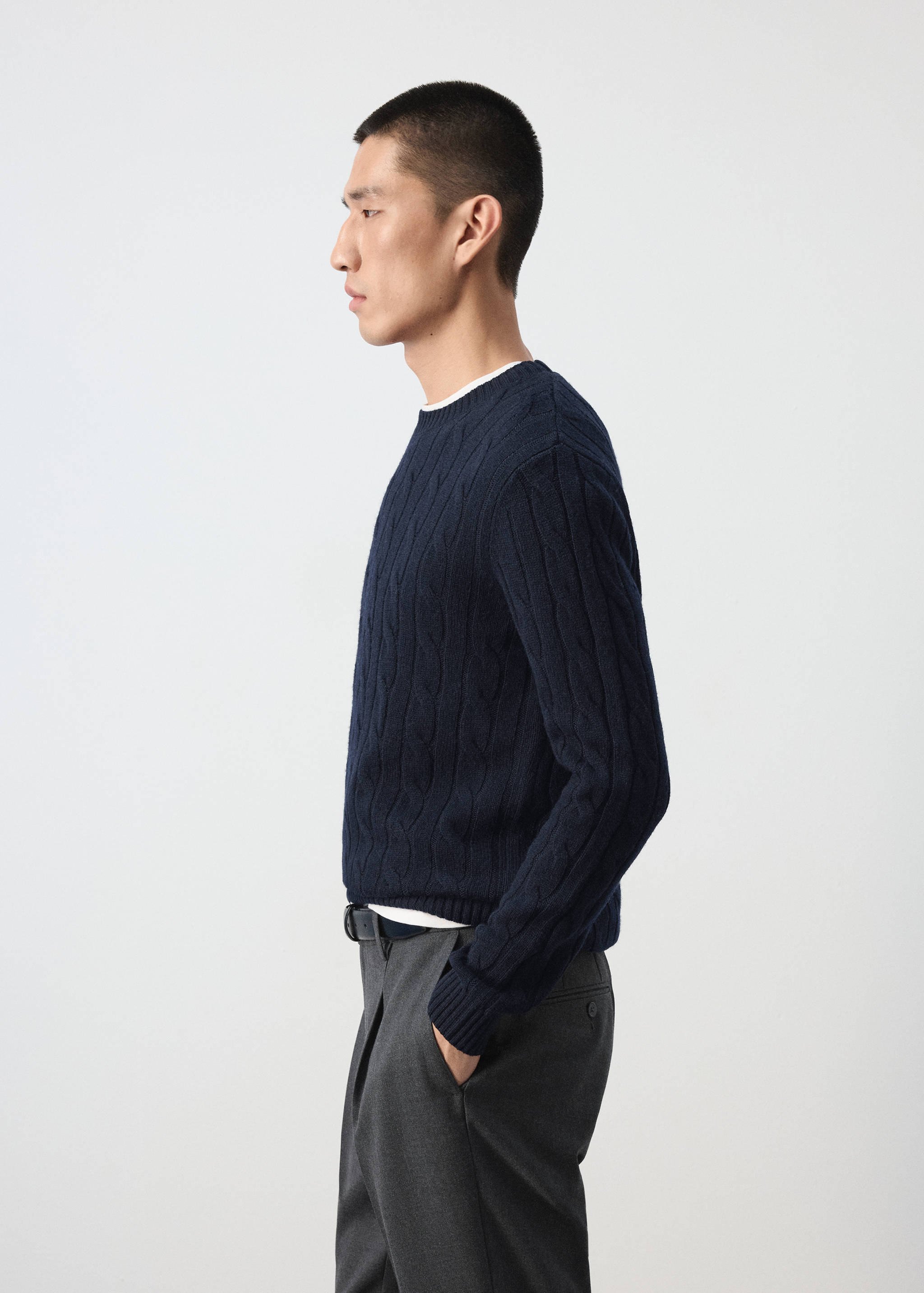 Navy blue cable-knit crew-neck jumper in a side profile view.