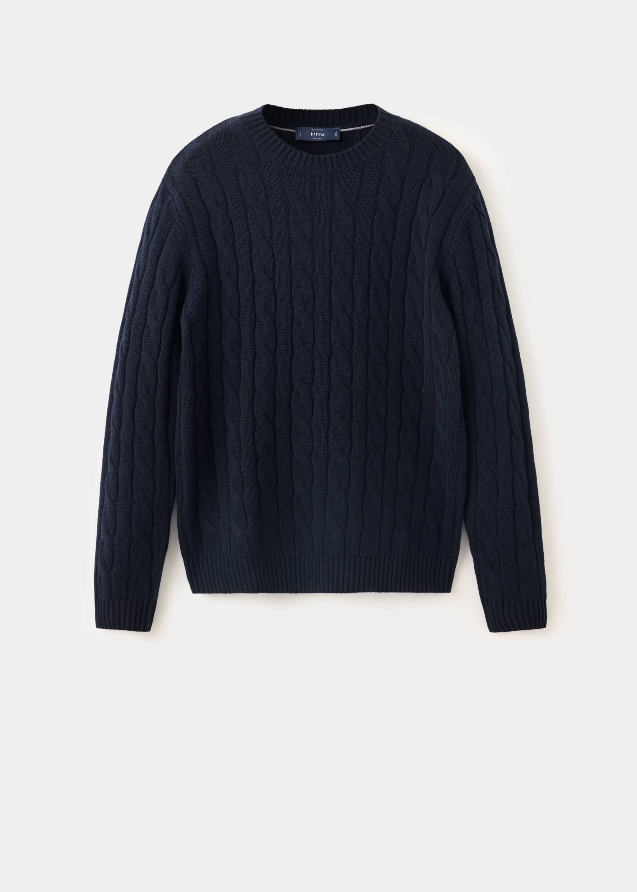 Dark blue cable-knit sweater with a classic crew neck.
