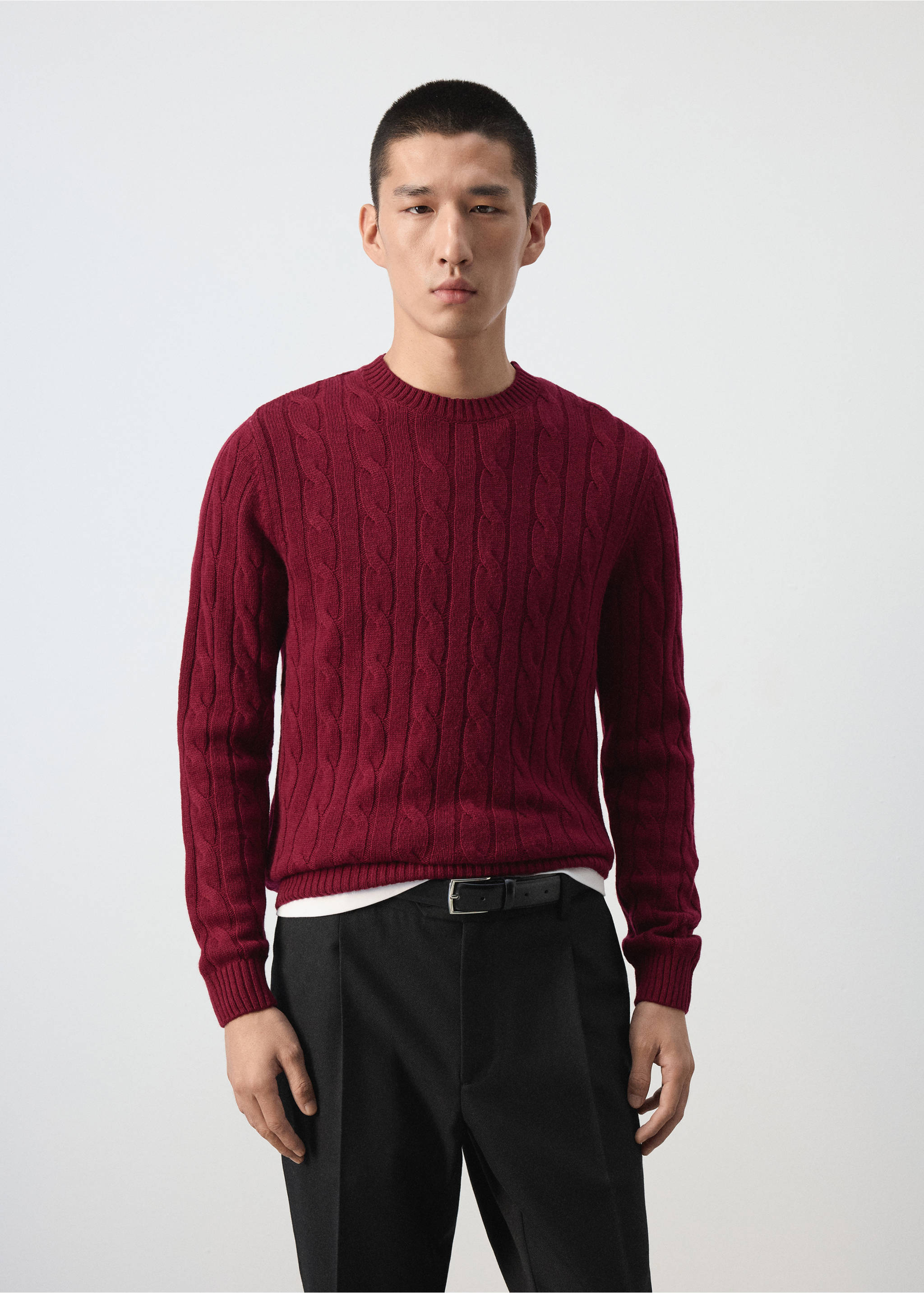 Burgundy cable-knit jersey with a ribbed crew neck., Medium Red. Ref: 37057886-00.