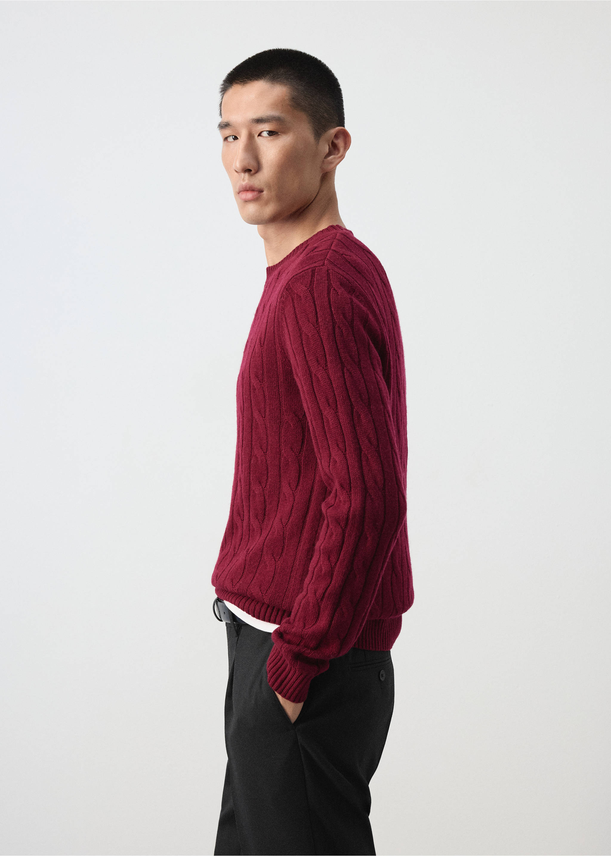 Burgundy cable-knit jersey with crew neck and ribbed trims., Medium Red. Ref: 37057886-00.