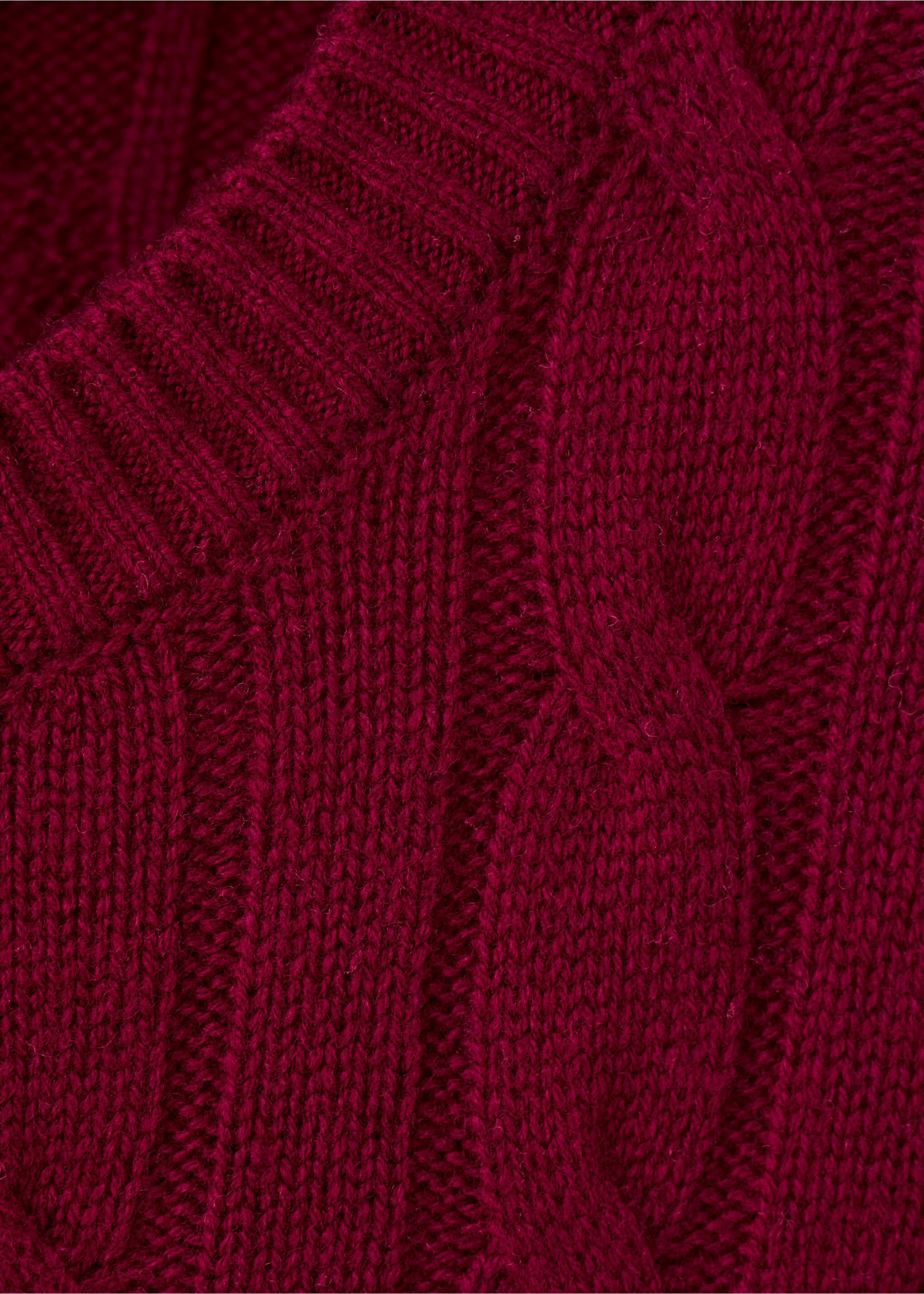 Close-up of a dark red cable-knit sweater with a ribbed V-neck., Medium Red. Ref: 37057886-00.