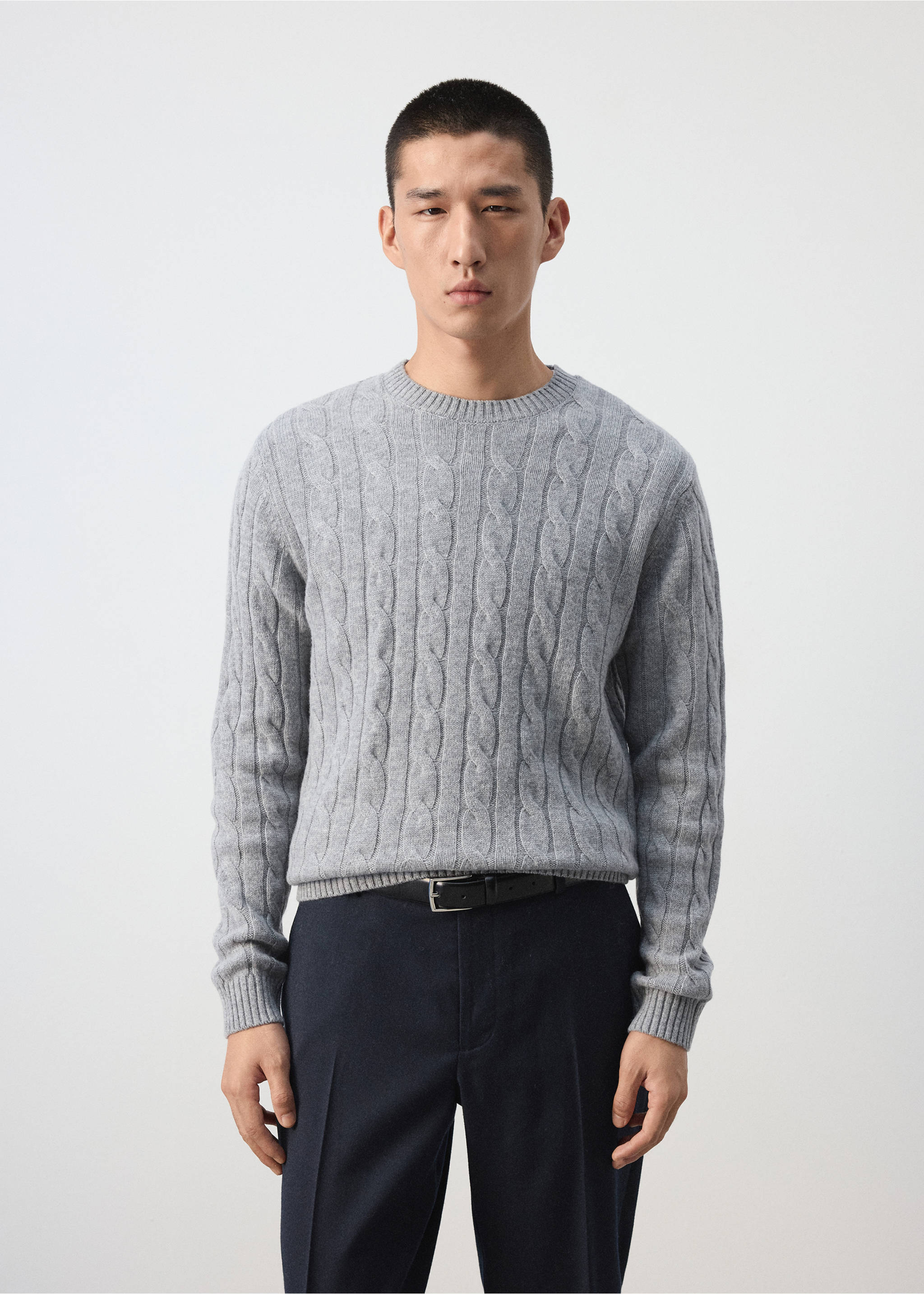 Grey crew-neck cable-knit jersey with ribbed trims., Medium Heather Grey. Ref: 37057886-00.