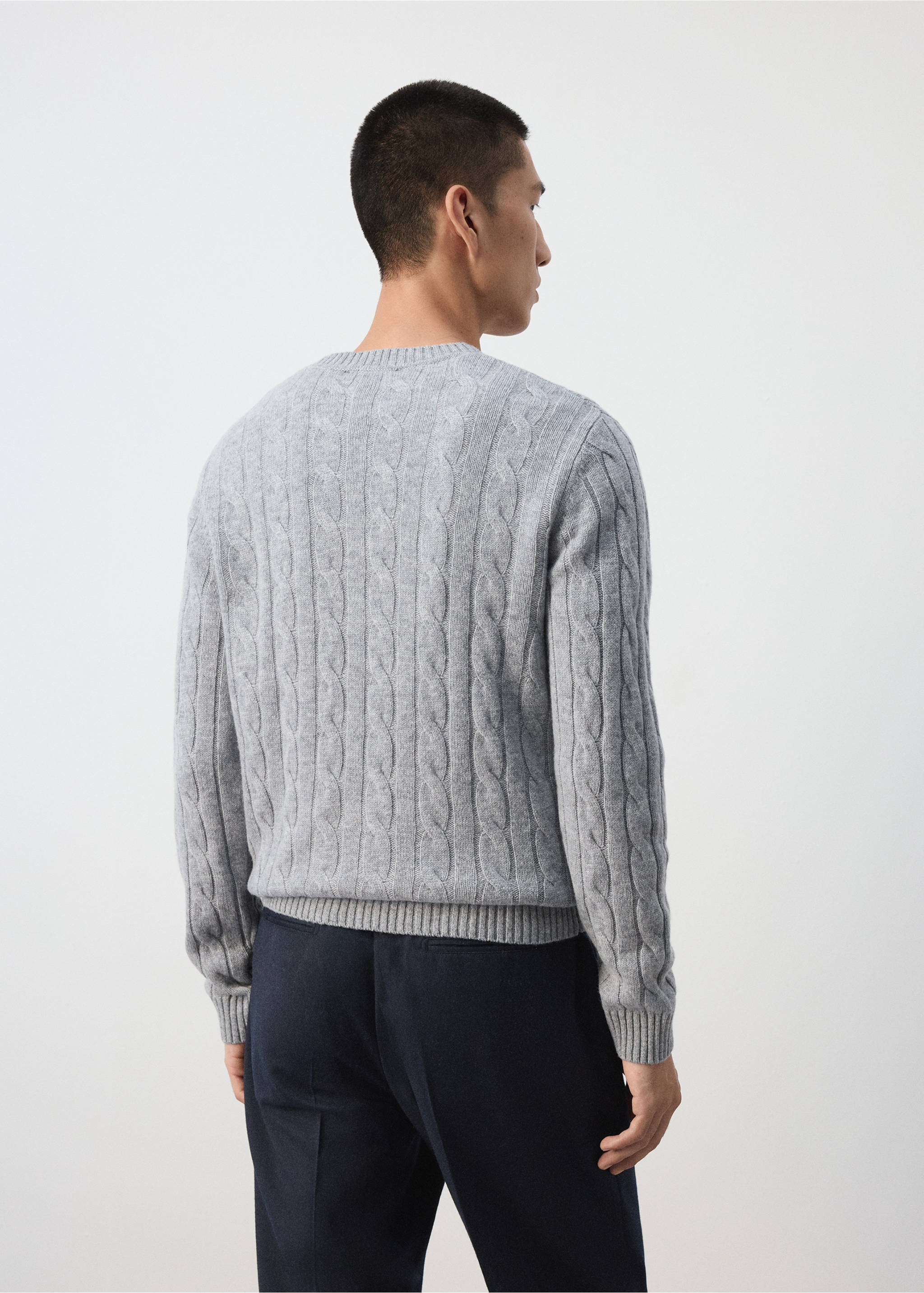 Back view of a light grey cable-knit sweater with a ribbed crew neck., Medium Heather Grey. Ref: 37057886-00.