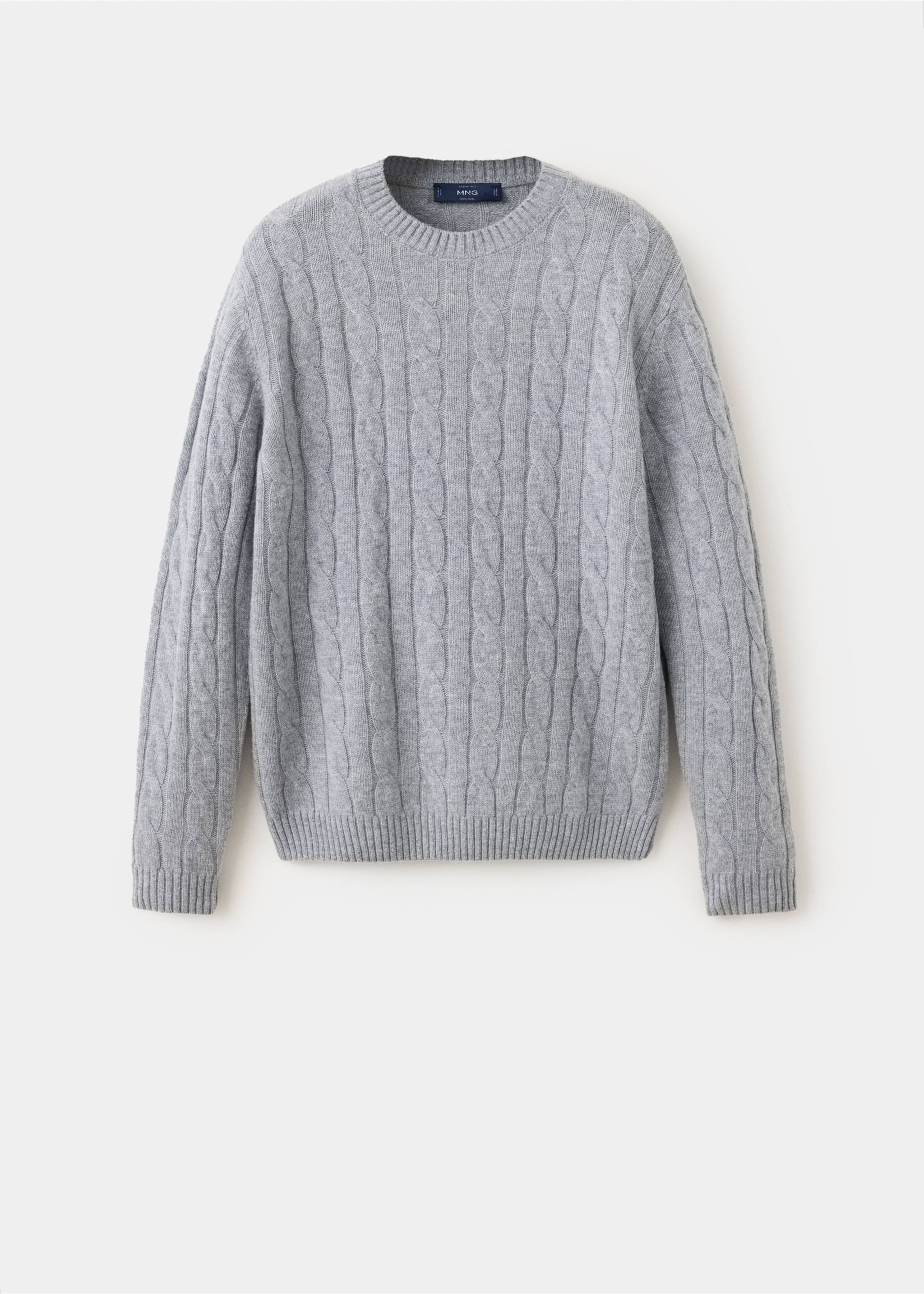 Grey cable-knit men's jersey sweater with a ribbed crew neck, cuffs, and hem., Medium Heather Grey. Ref: 37057886-00.