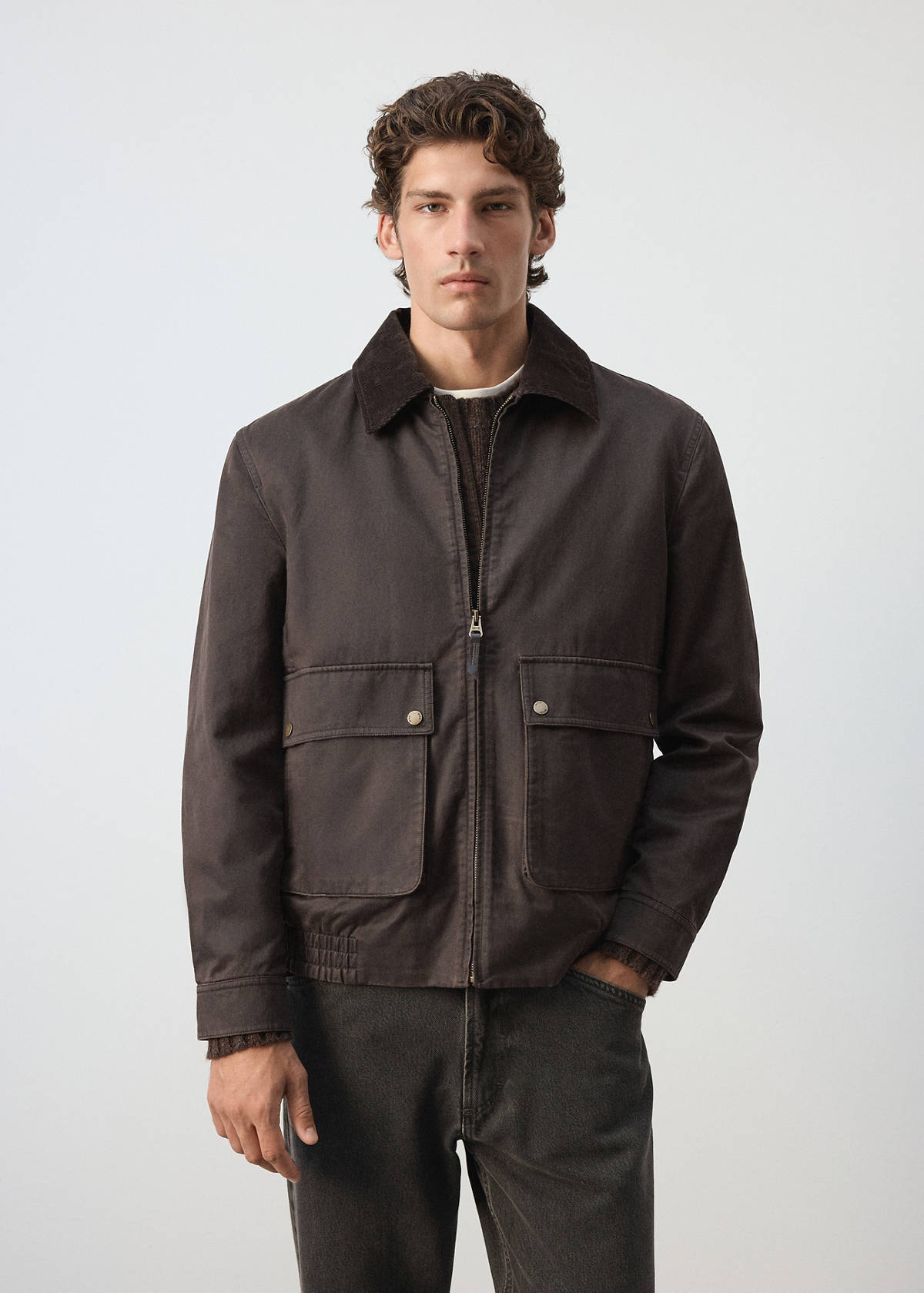 Waxed jacket with corduroy collar — Coffee