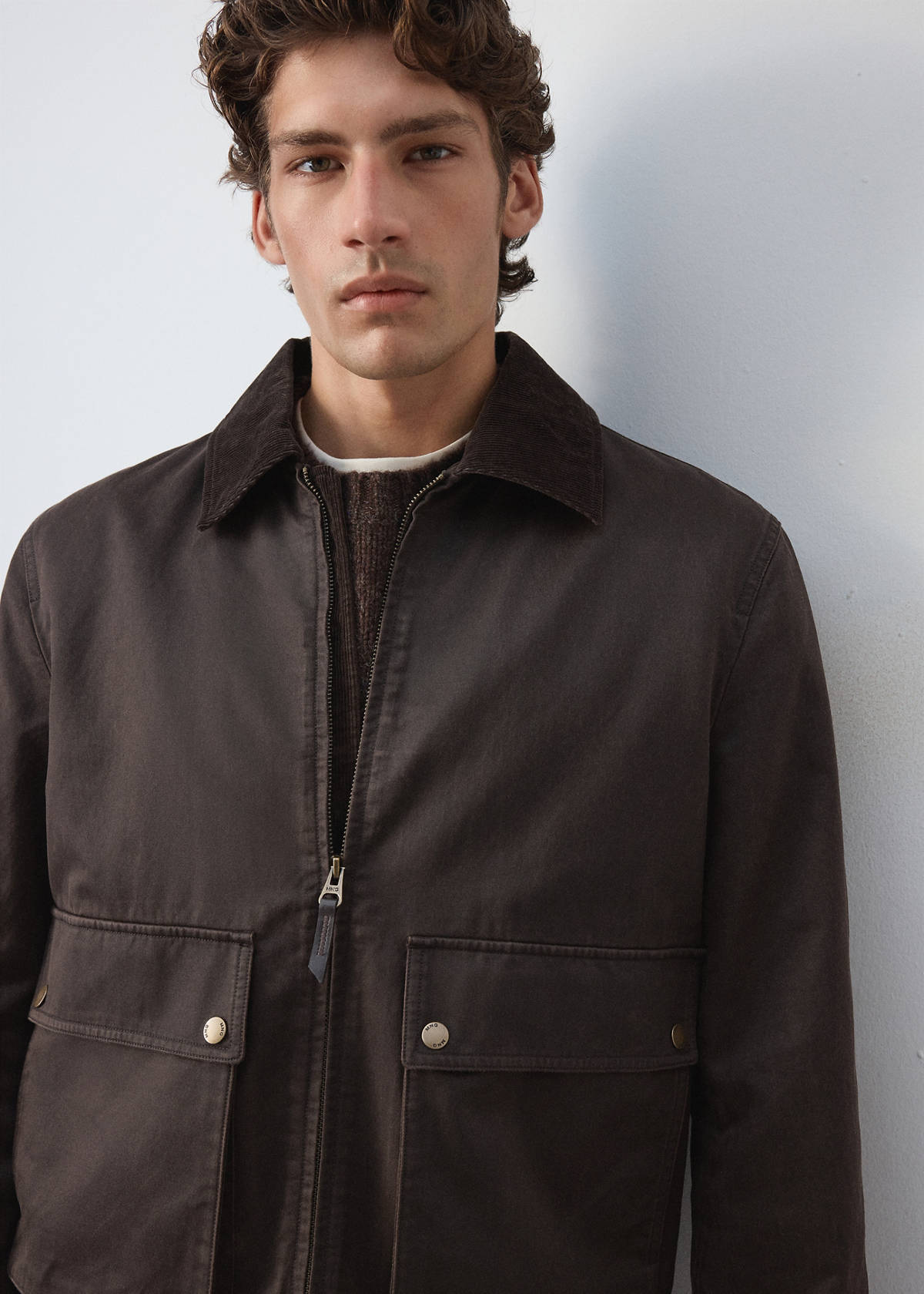 Waxed jacket with corduroy collar — Coffee
