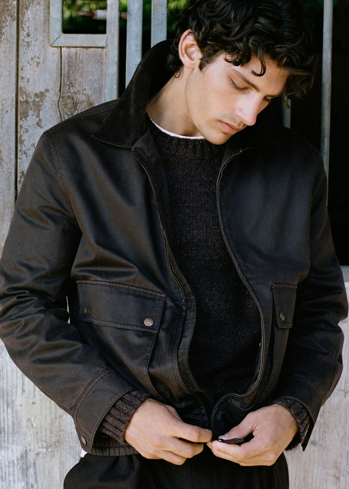 Waxed jacket with corduroy collar — Coffee