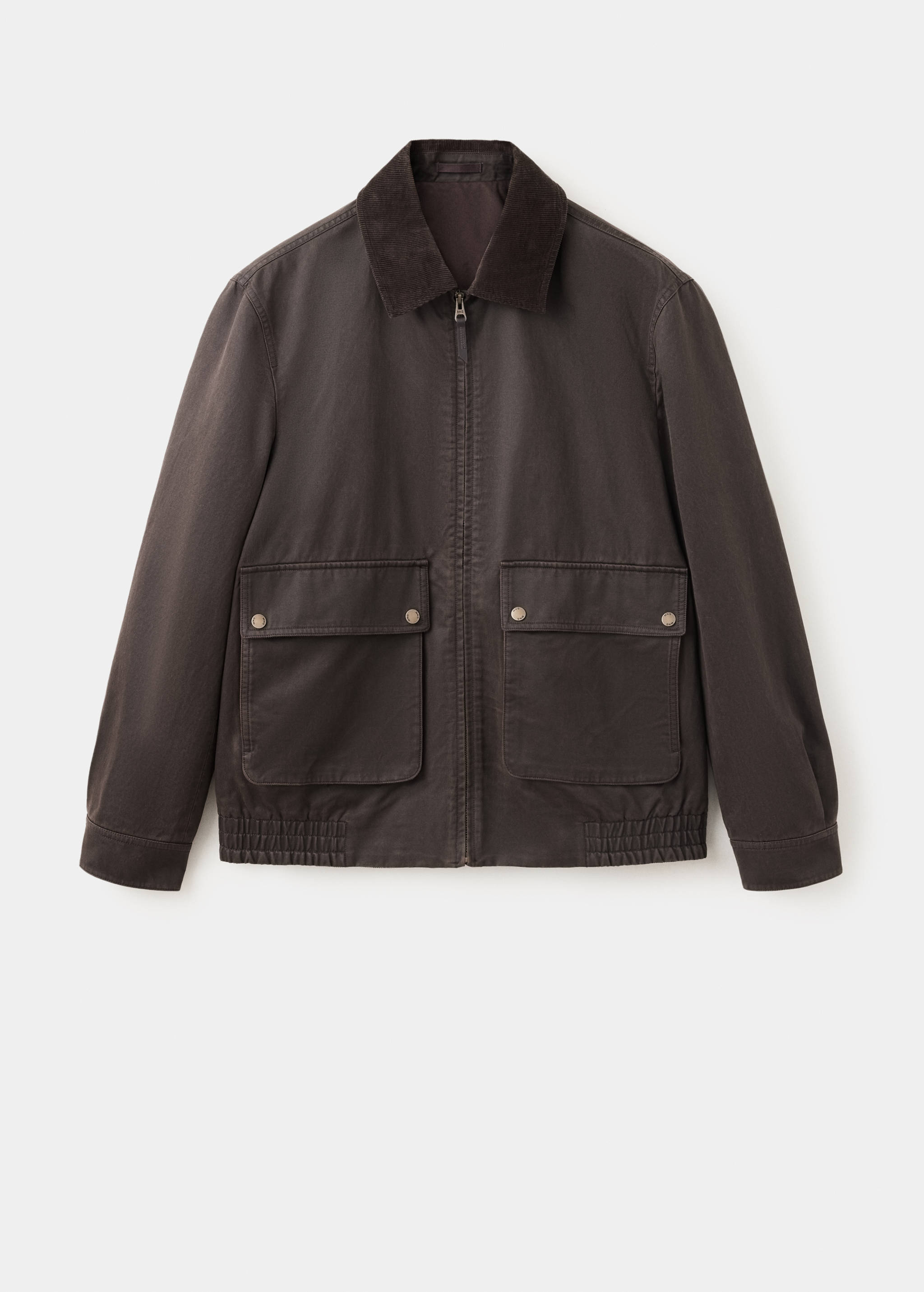 Dark brown men's zip-up jacket with a corduroy collar and front patch pockets.