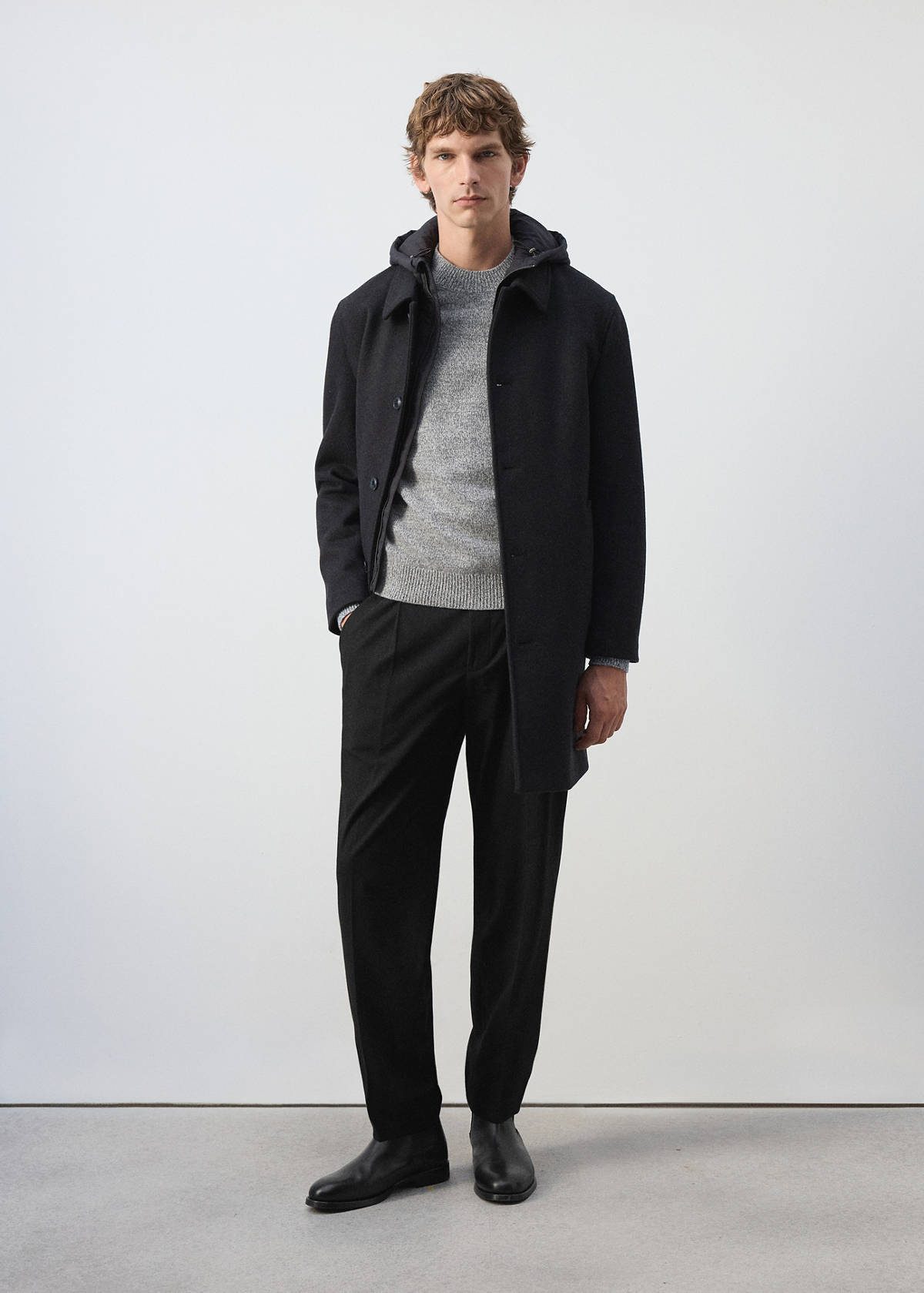 Wool blend coat with detachable hood — Coffee