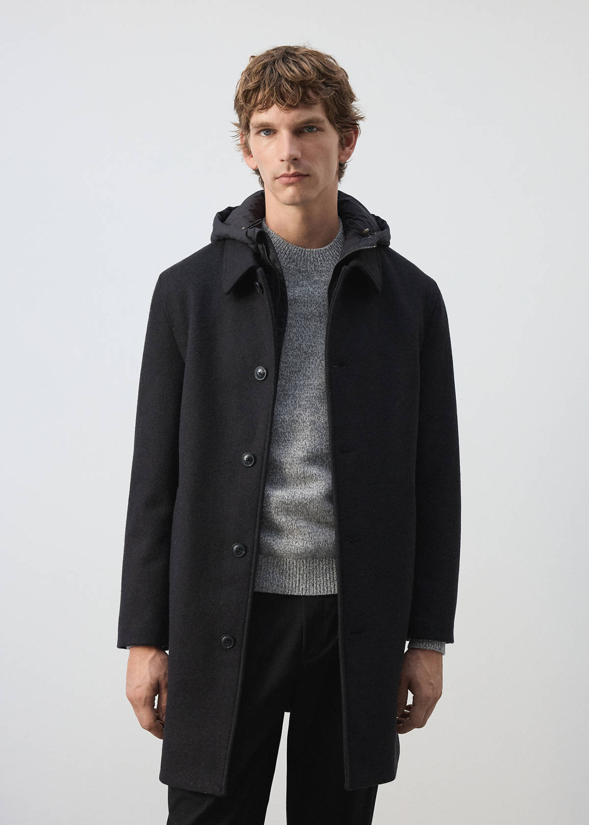 Wool blend coat with detachable hood — Coffee