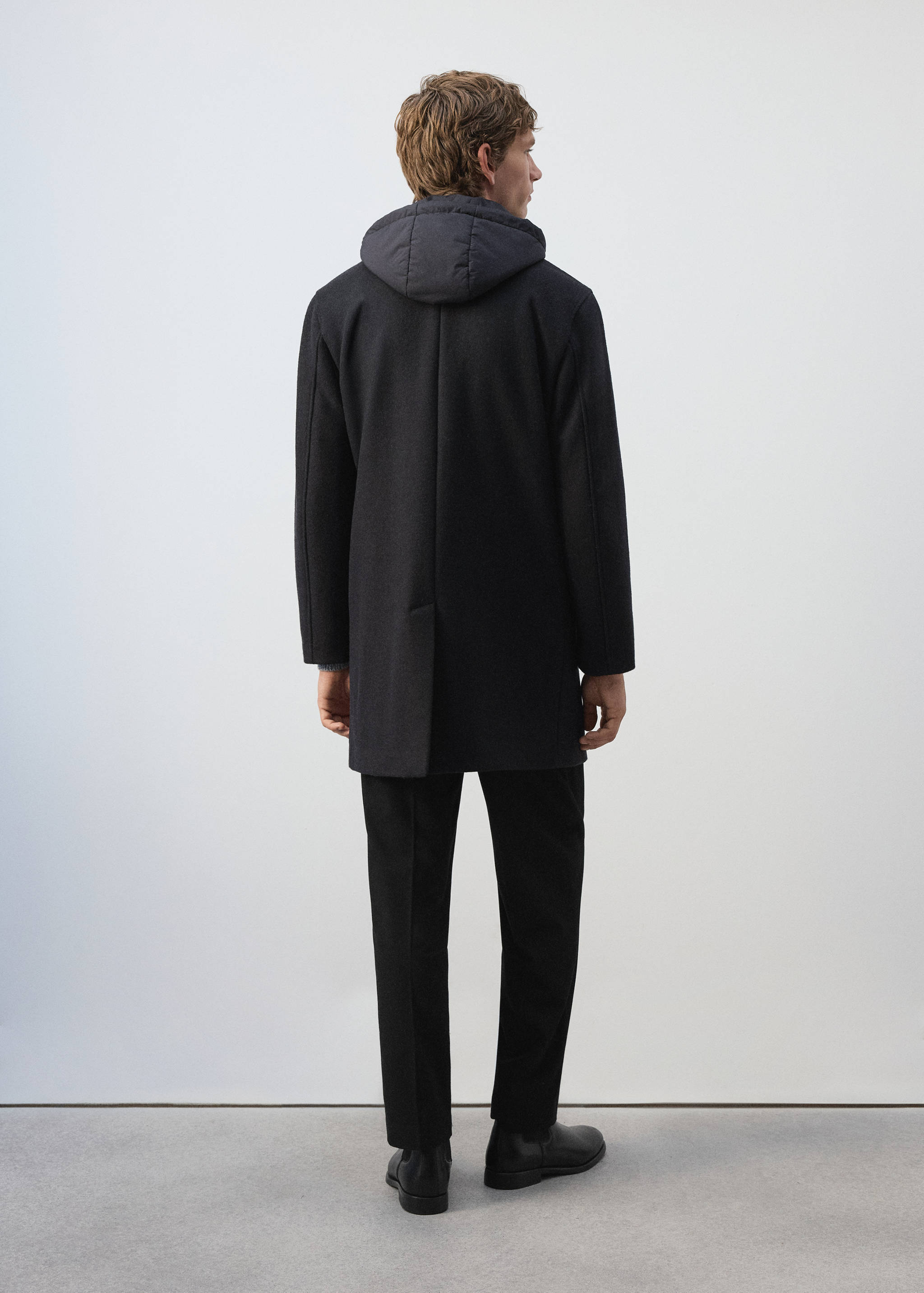 Dark grey hooded coat, shown from the back.