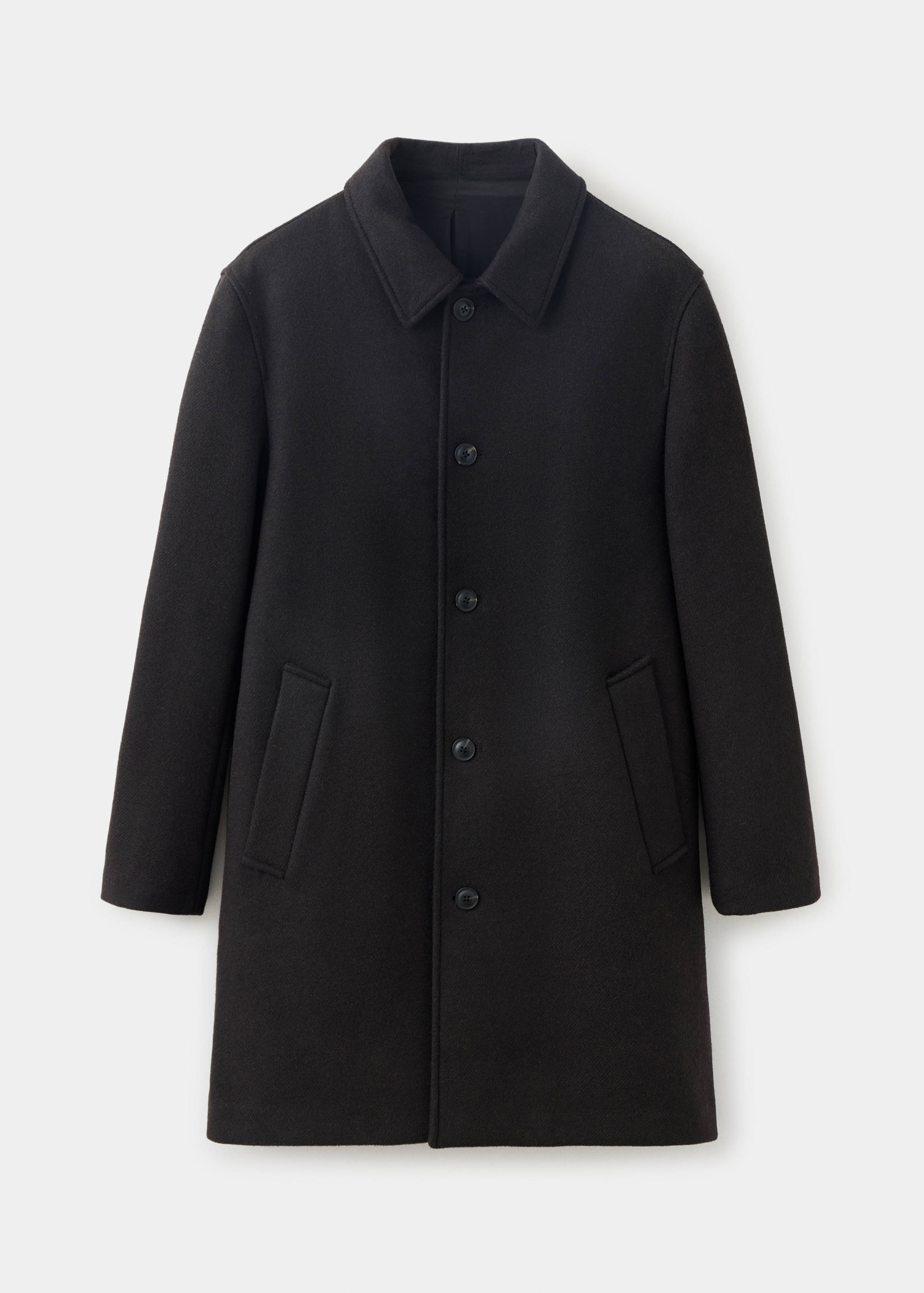 Black men's coat with a pointed collar, button fastening, and welt pockets.