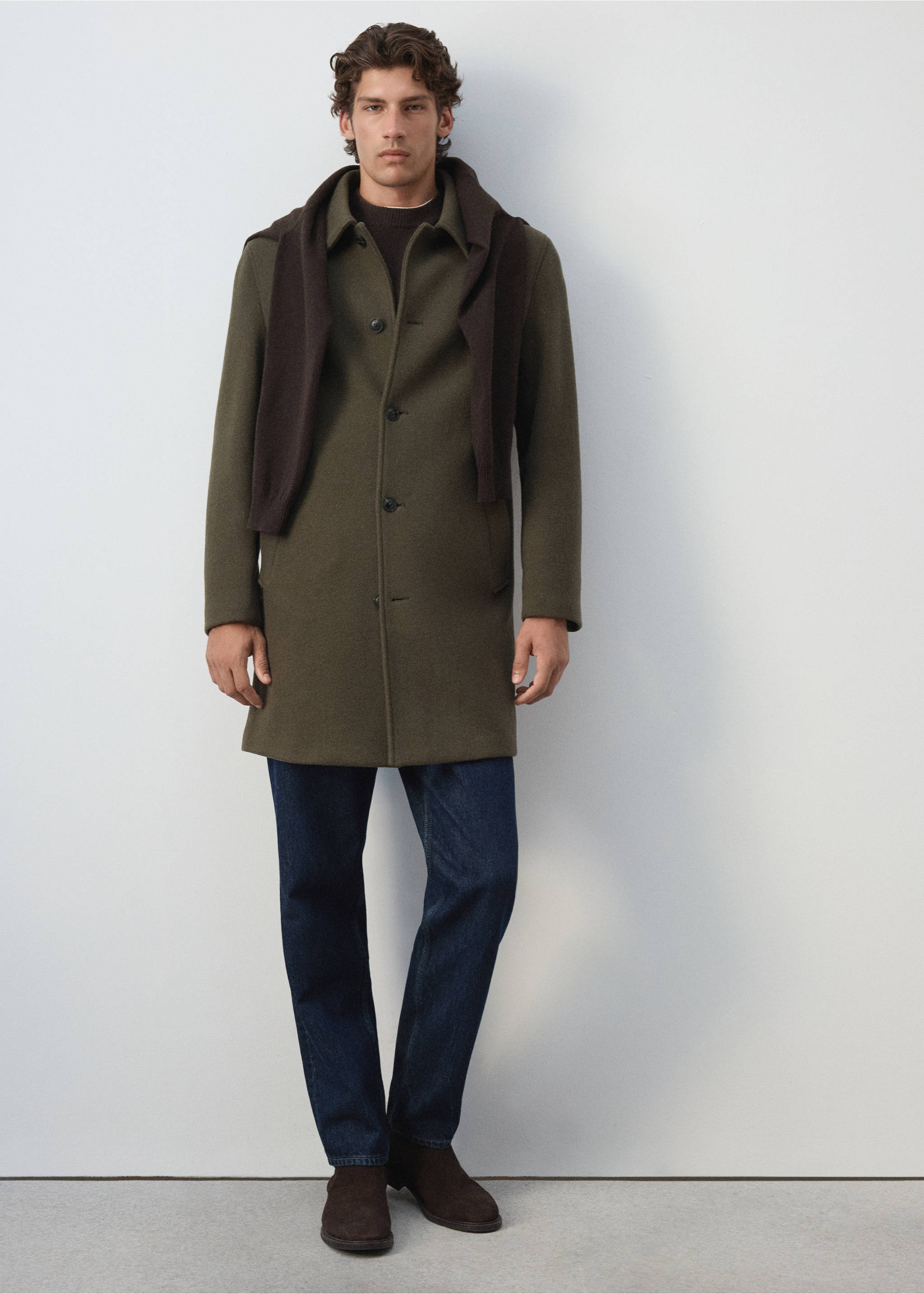 Olive green coat with button fastening and shirt collar, styled with a draped scarf., Medium Brown. Ref: 37057888-00.
