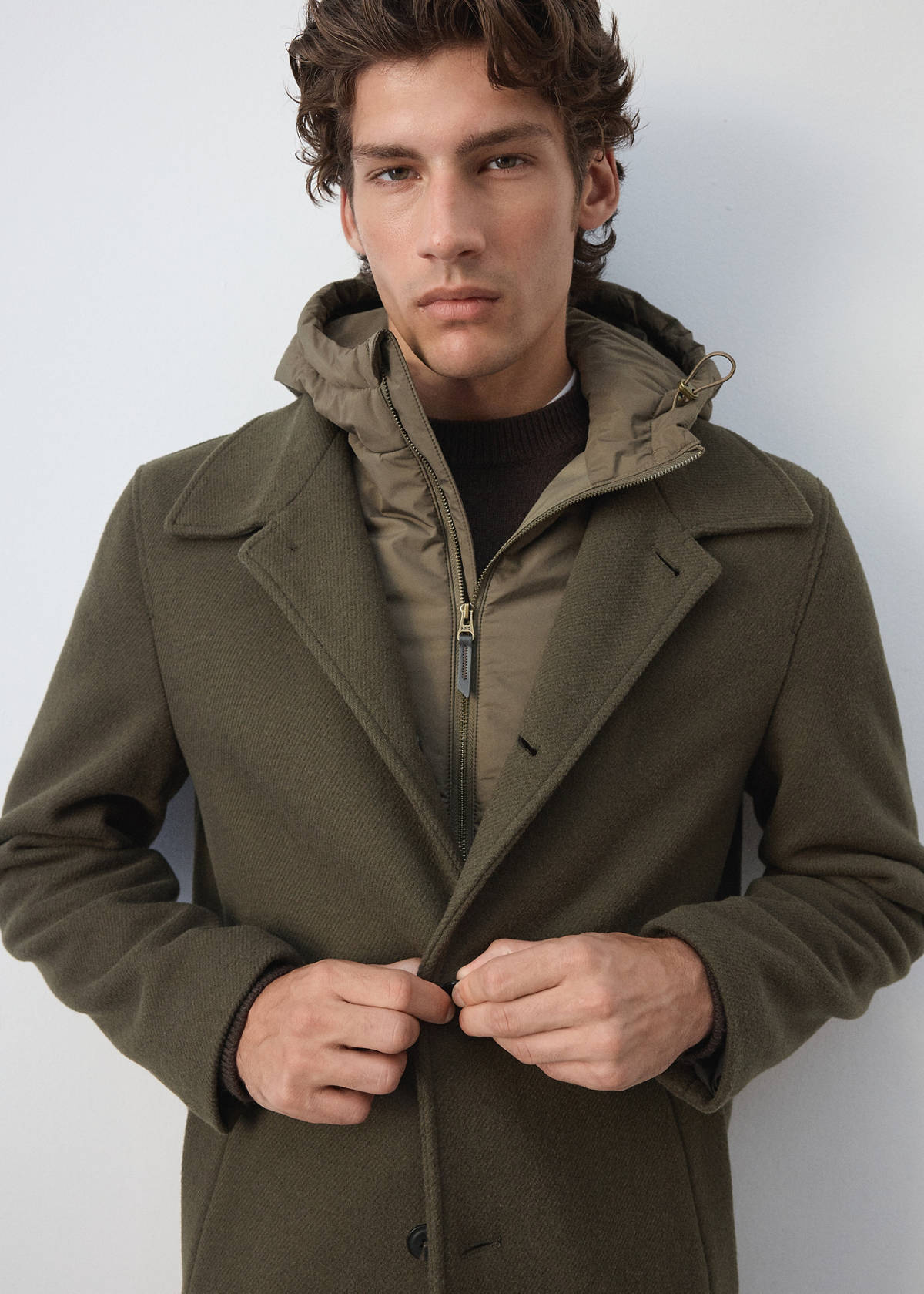 Wool blend coat with detachable hood — Medium Brown