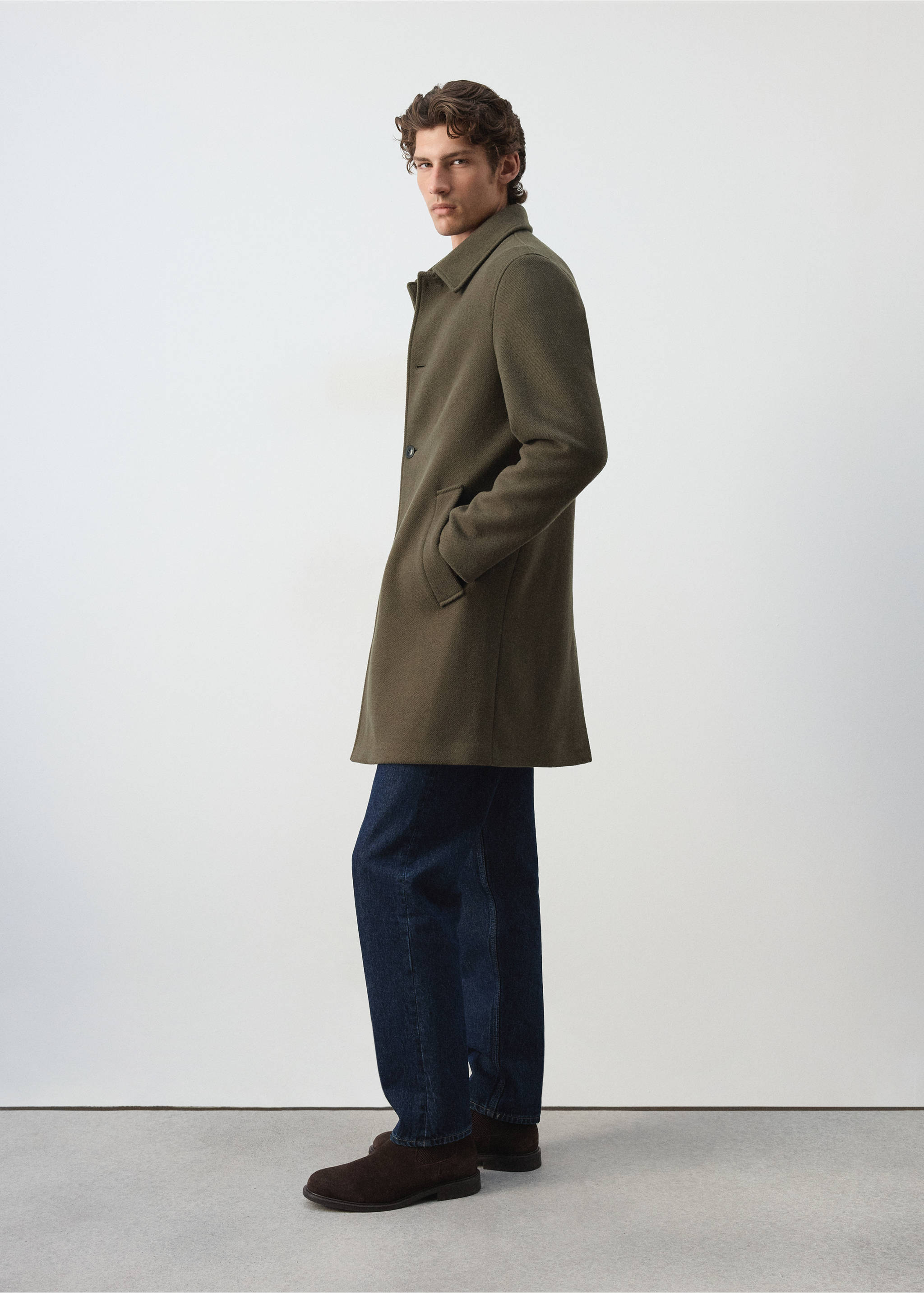 Dark olive green wool coat with a classic collar and front buttons., Medium Brown. Ref: 37057888-00.