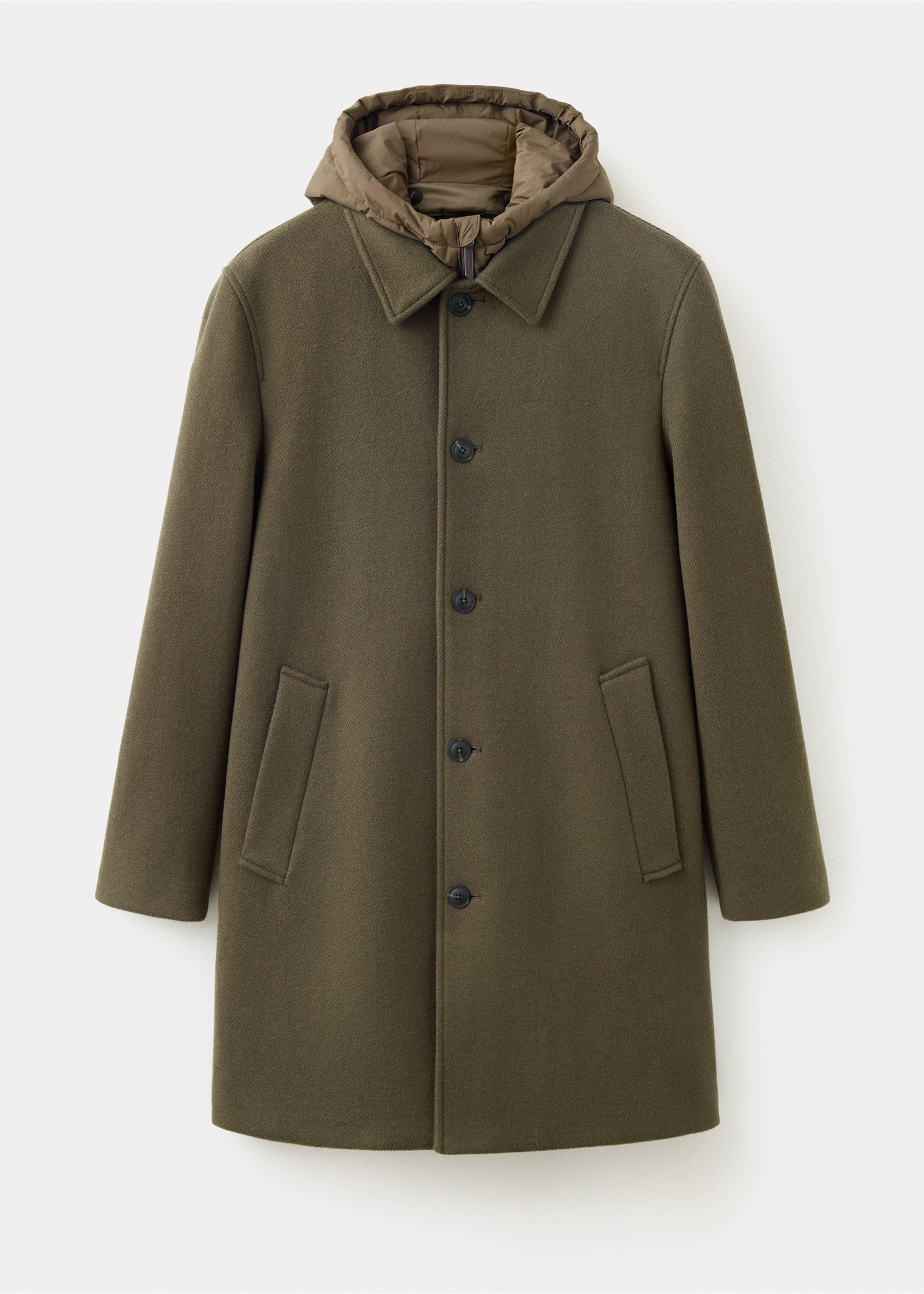 Olive green men's coat with a contrasting quilted inner hood and front button closure., Medium Brown. Ref: 37057888-00.