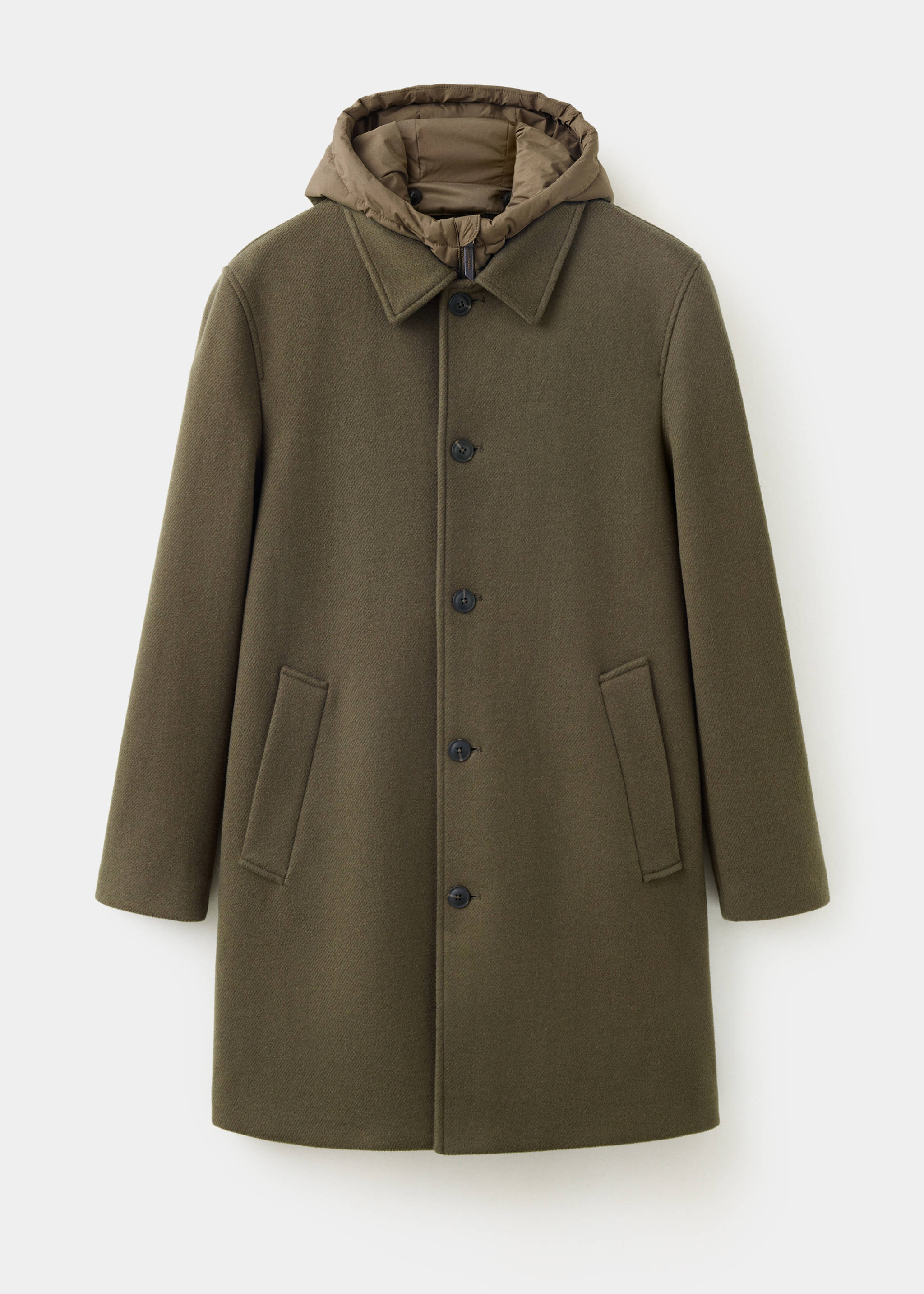 Olive green men's coat with a contrasting quilted inner hood and front button closure.