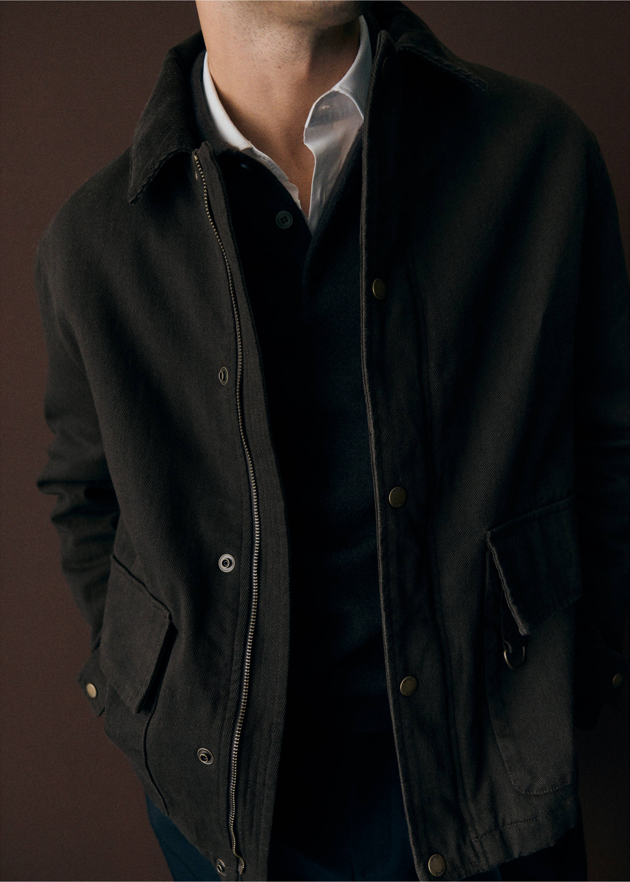 Dark grey jacket with a collar, zip and snap closure, and front flap pockets., Coffee. Ref: 37057899-00.