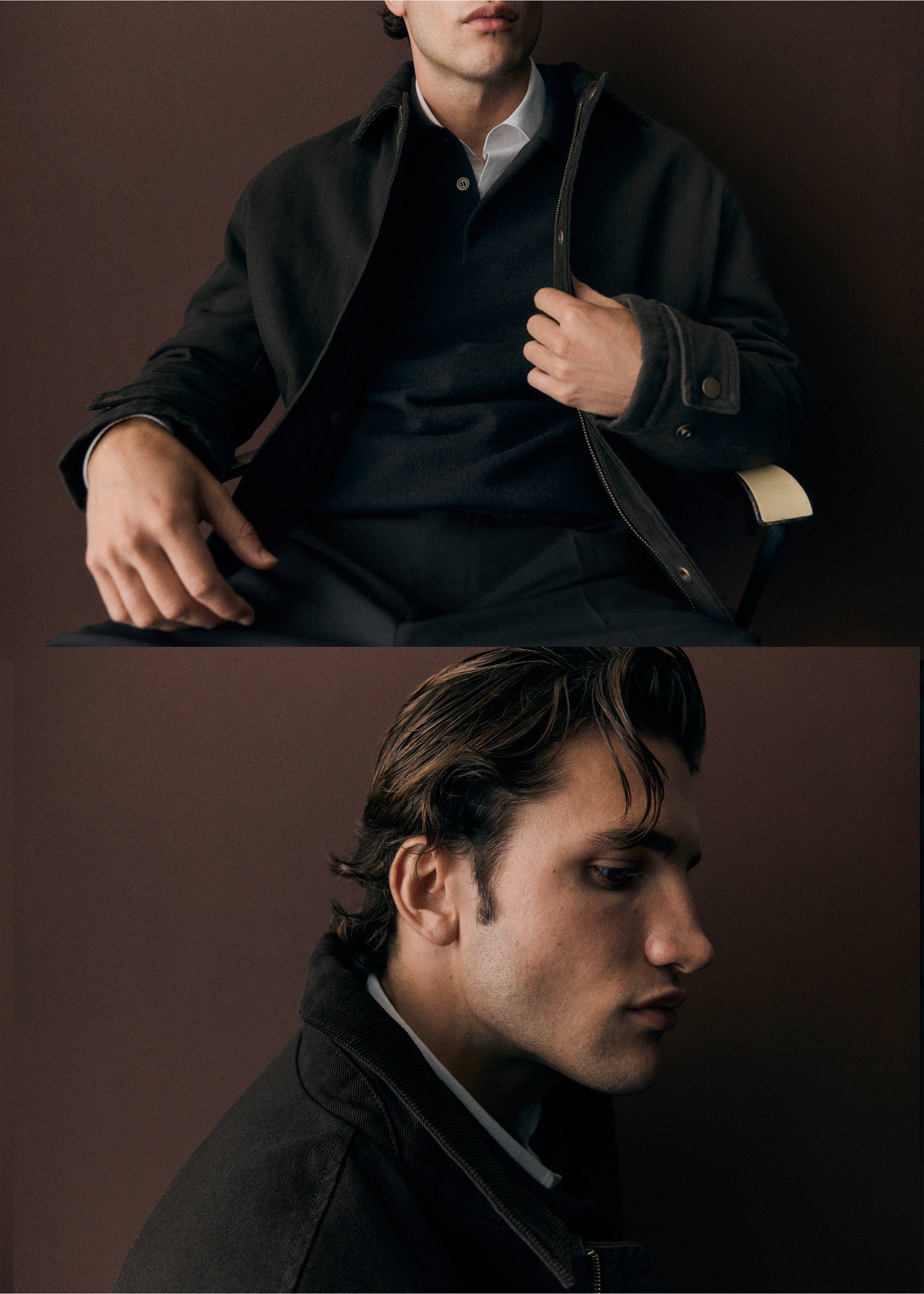 Dark green jacket with shirt collar and zip, shown in a composite view., Coffee. Ref: 37057899-00.