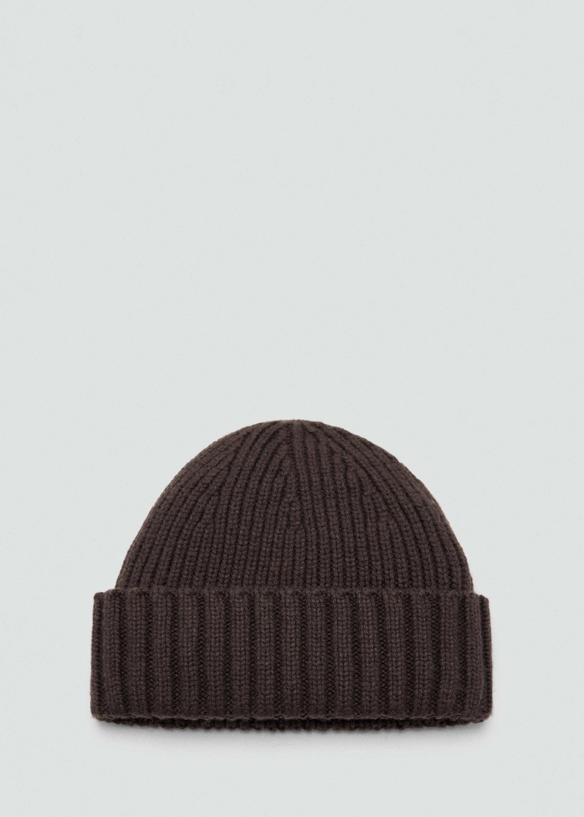 Dark brown ribbed knit beanie with a folded brim.