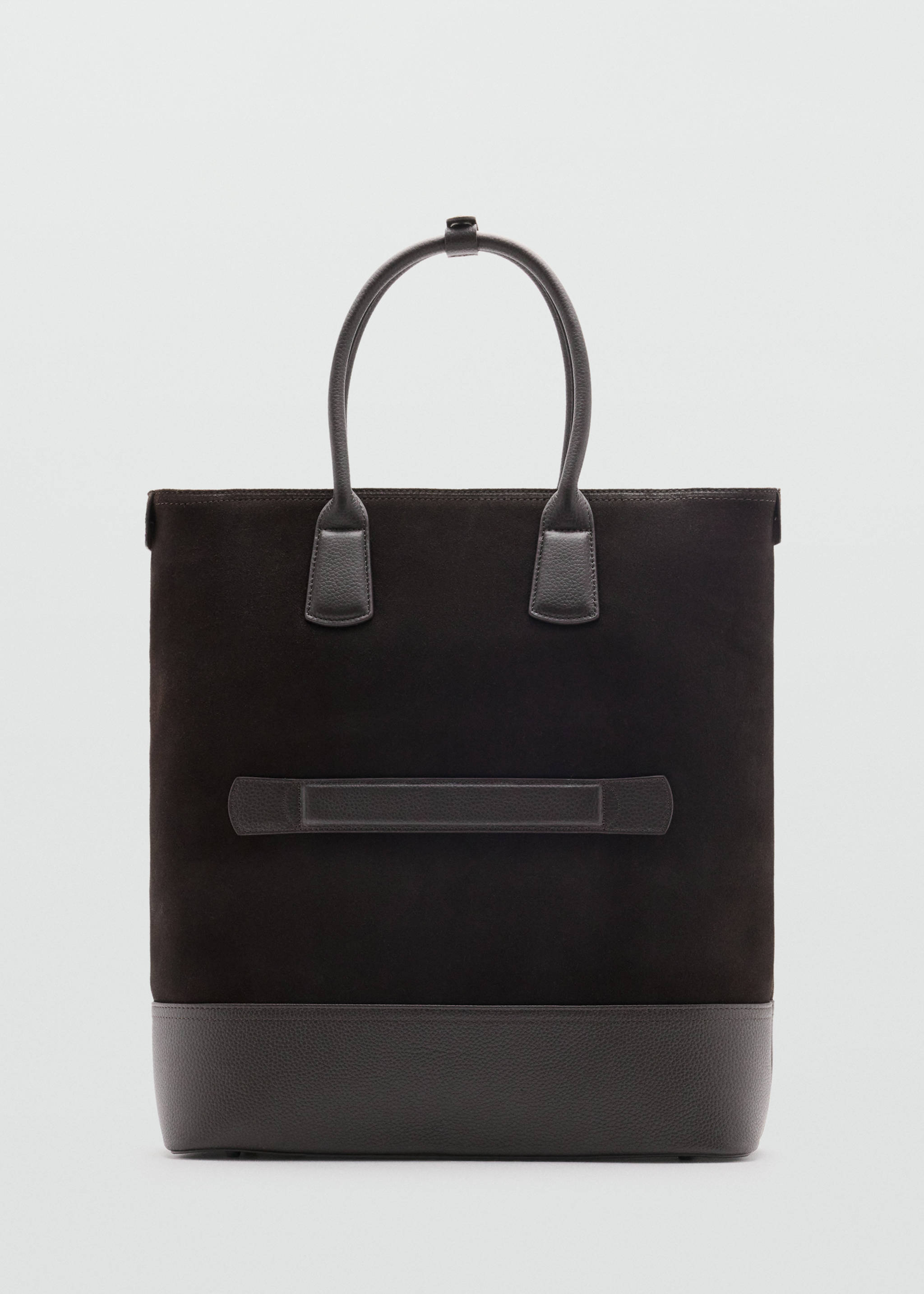 Dark brown bowling bag in suede and smooth leather with top handles.