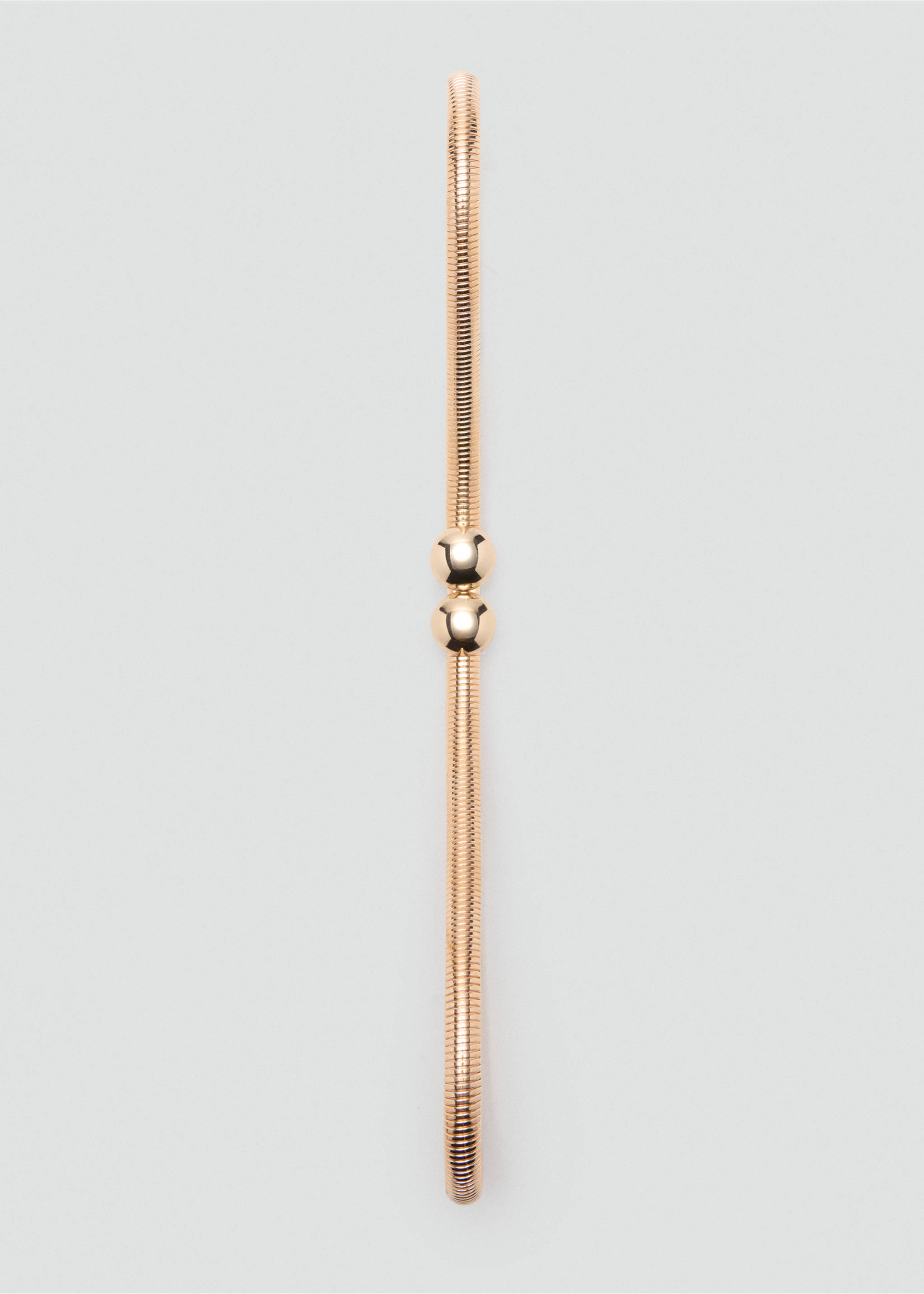 Close-up of a gold metallic snake-chain belt with two central spherical ball accents., Gold. Ref: 37057905-00.