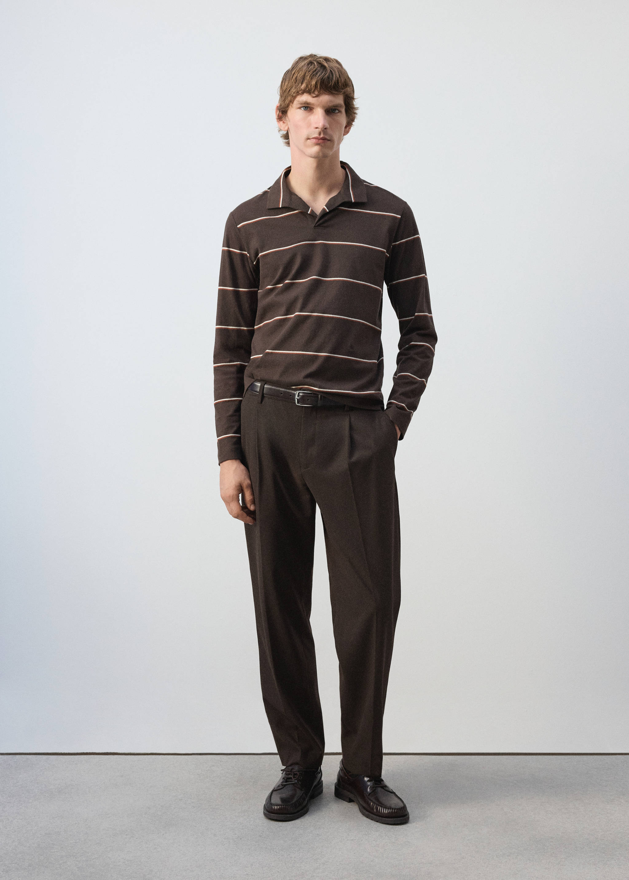 Brown long-sleeved polo shirt with thin horizontal stripes.