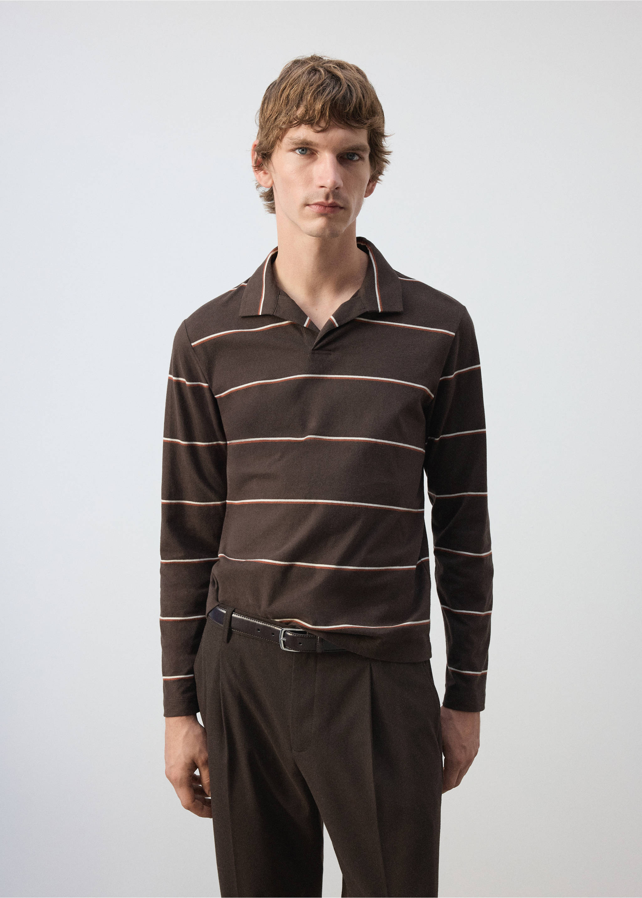 Dark brown long-sleeved polo shirt with horizontal white and orange stripes and a classic collar., Coffee. Ref: 37057912-00.